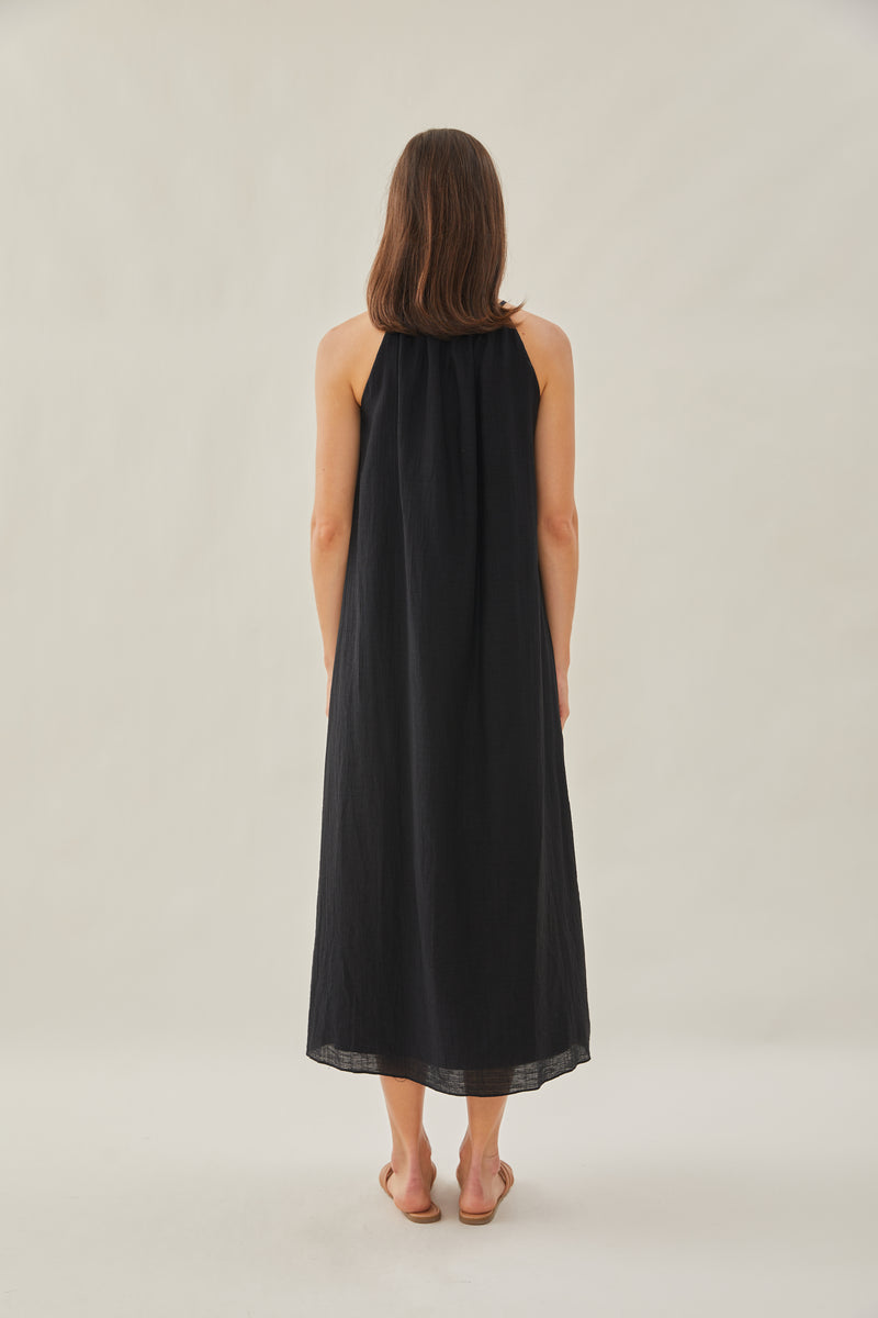Gathered Dress With Keyhole in Black