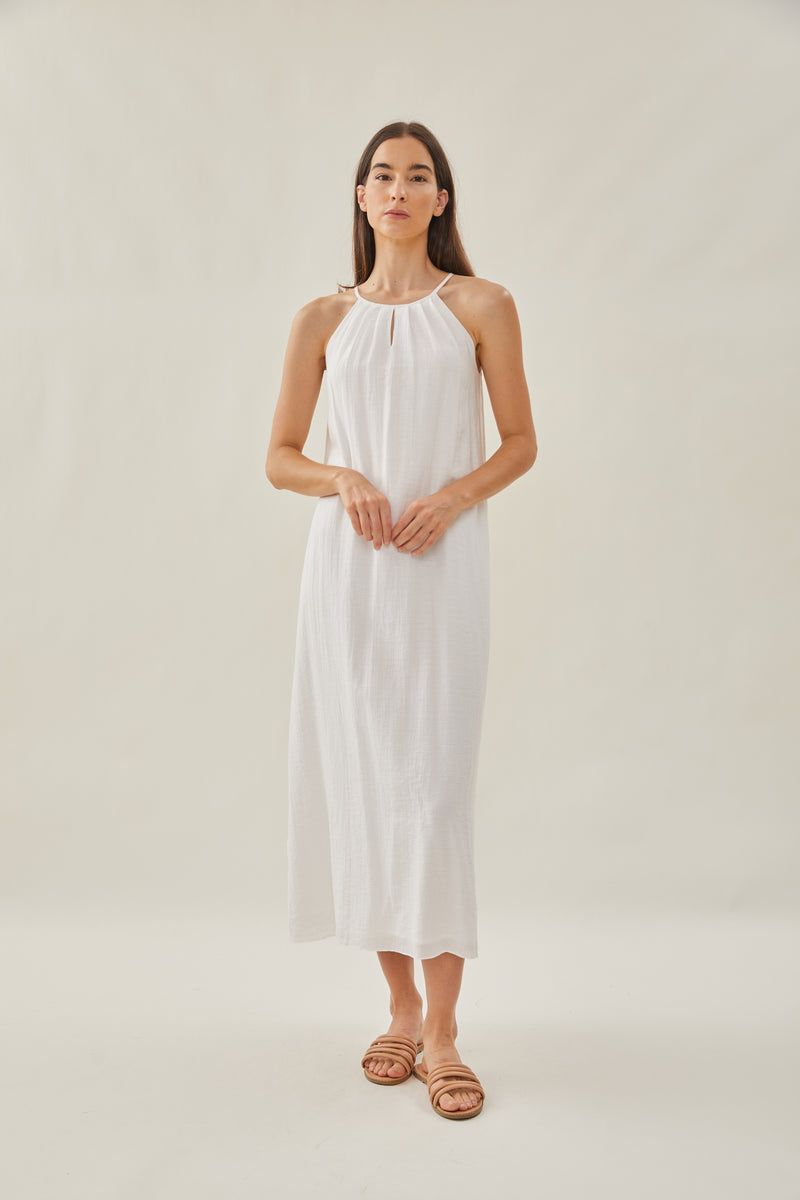 Gathered Dress With Keyhole in White