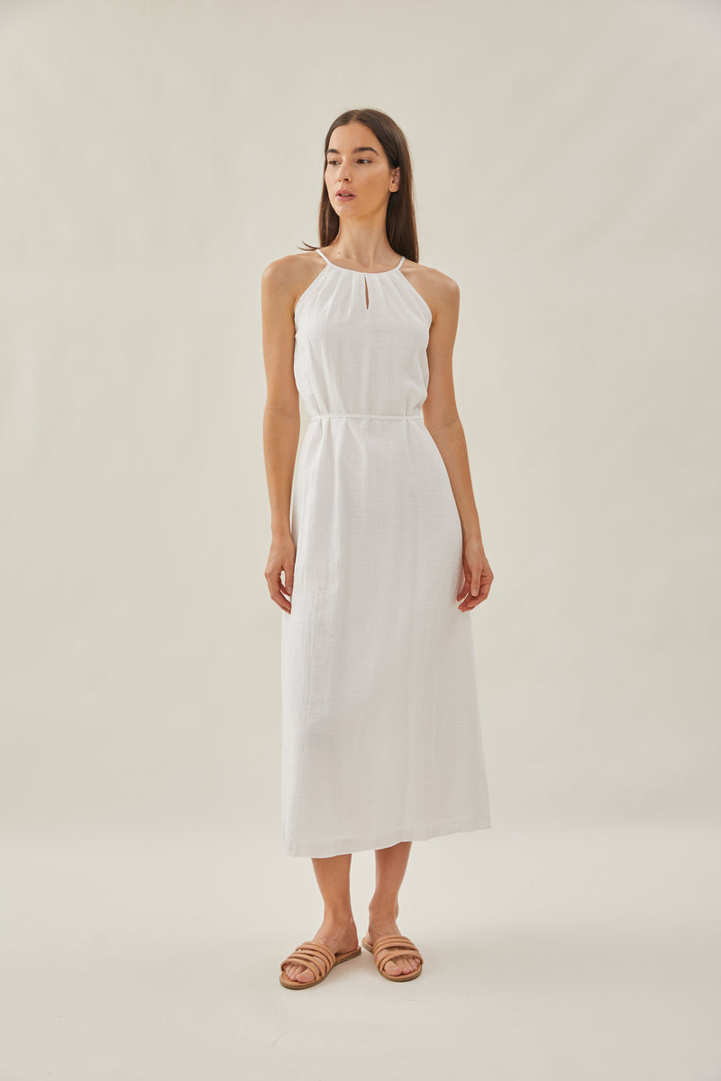 Gathered Dress With Keyhole in White