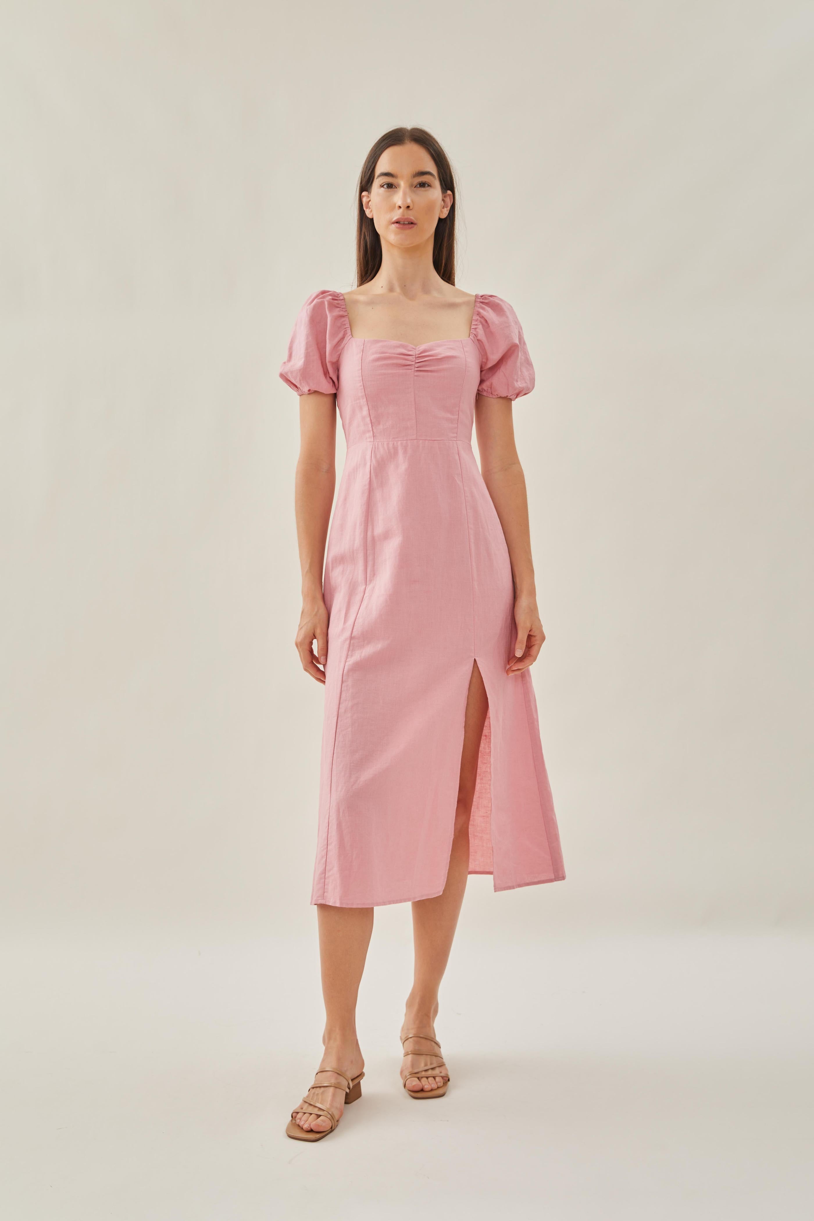 Sweetheart Puffed Sleeve Dress with Slit in Pink