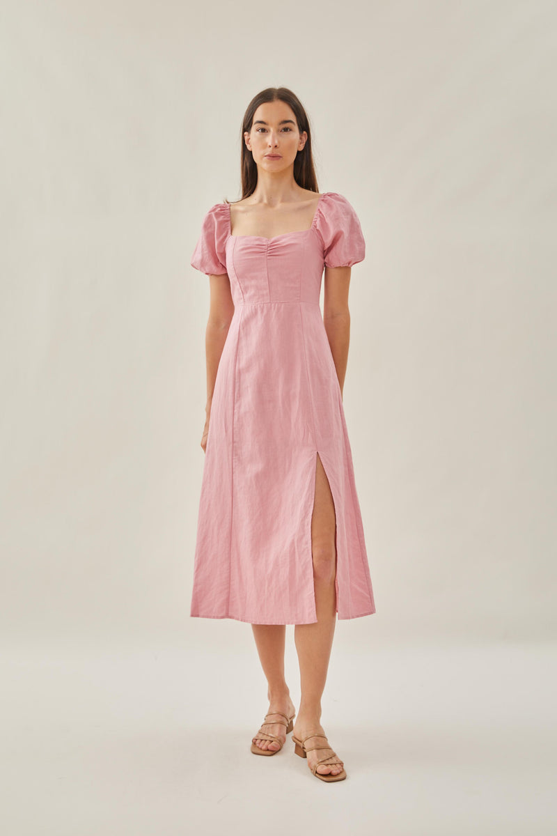 Sweetheart Puffed Sleeve Dress with Slit in Pink