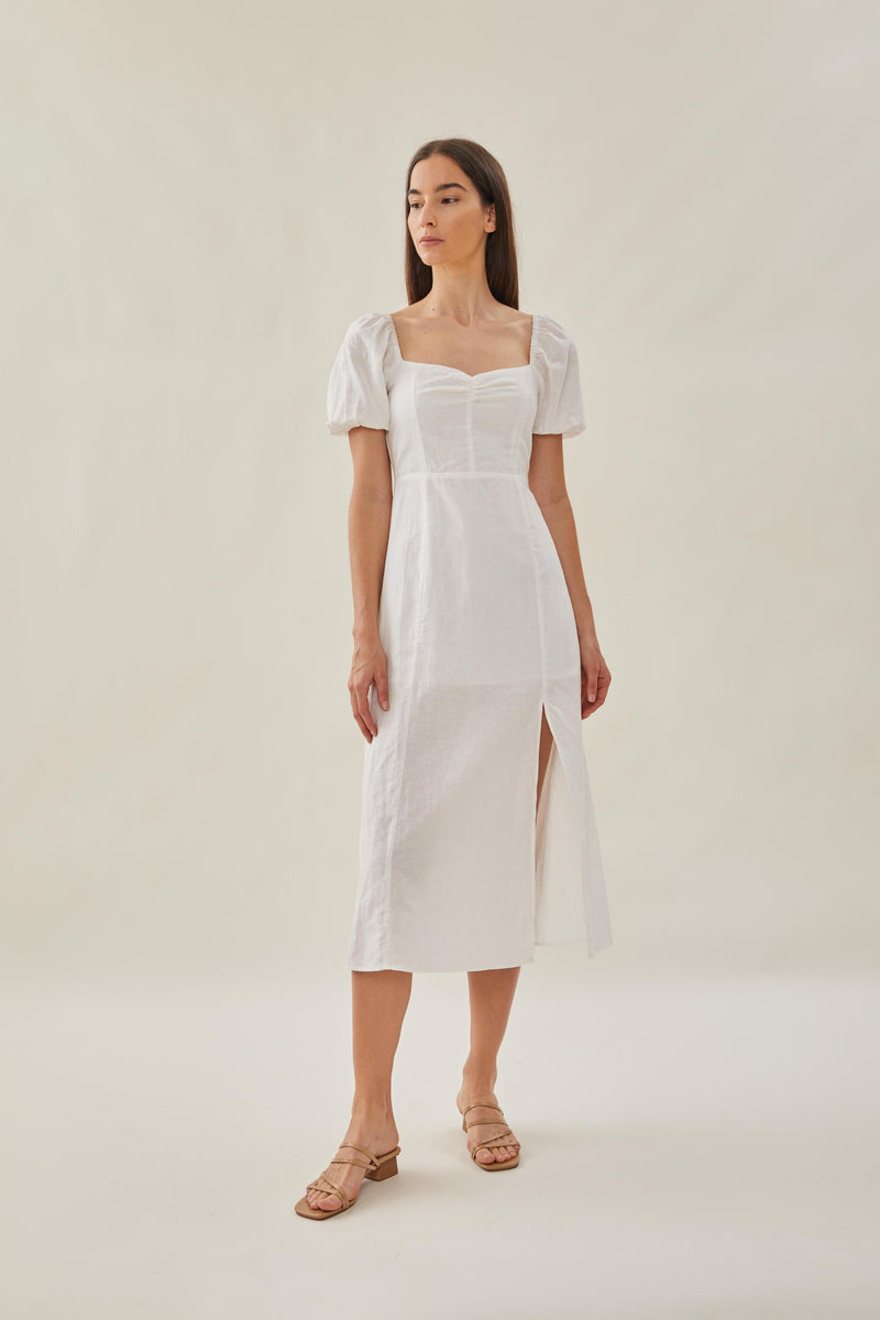 Sweetheart Puffed Sleeve Dress with Slit in White