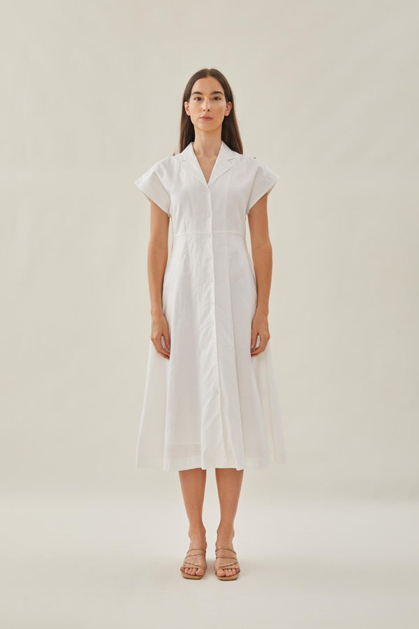 Linen Collared Midi Dress in White