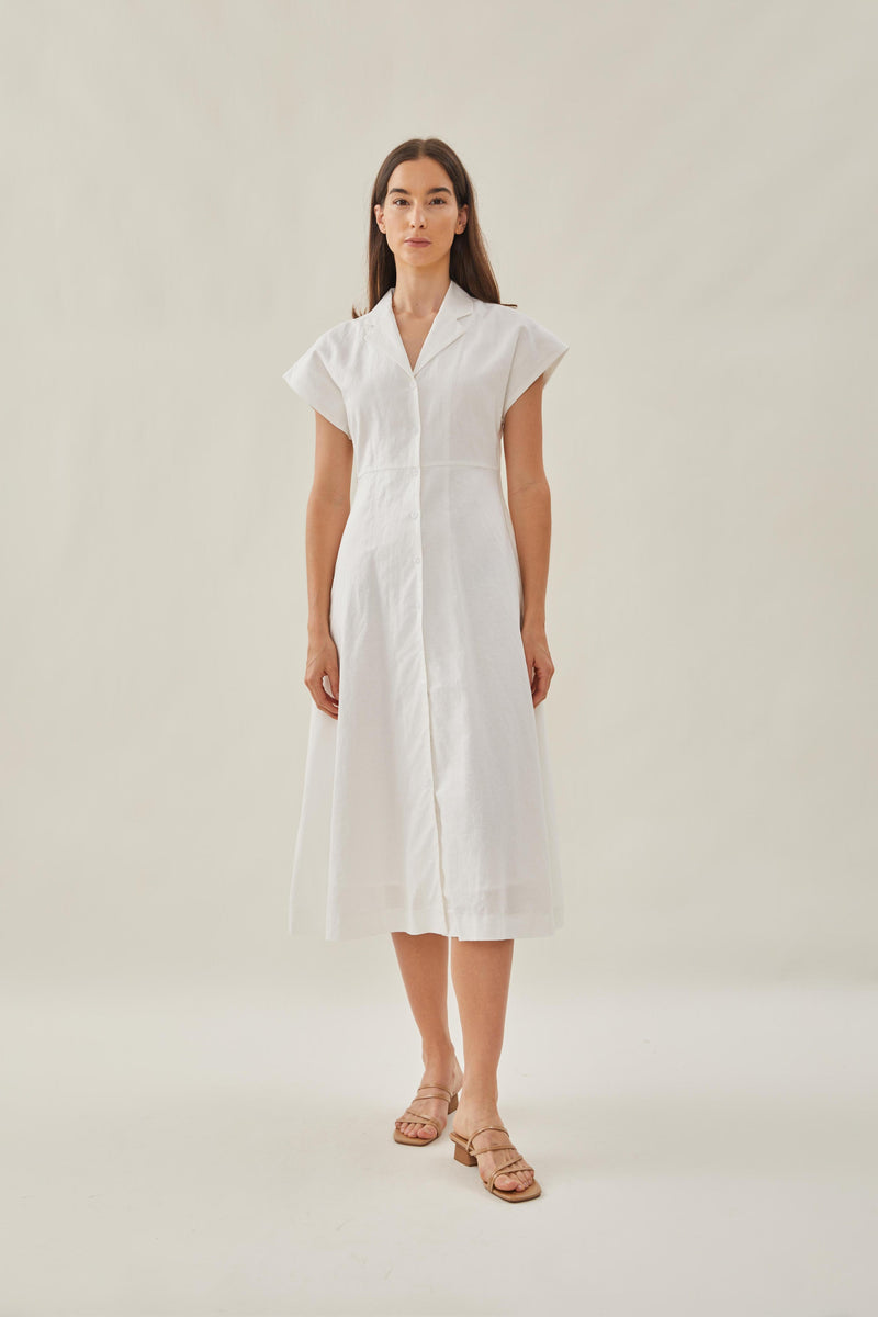 Linen Collared Midi Dress in White