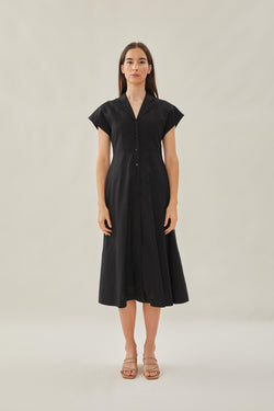 Linen Collared Midi Dress in Black