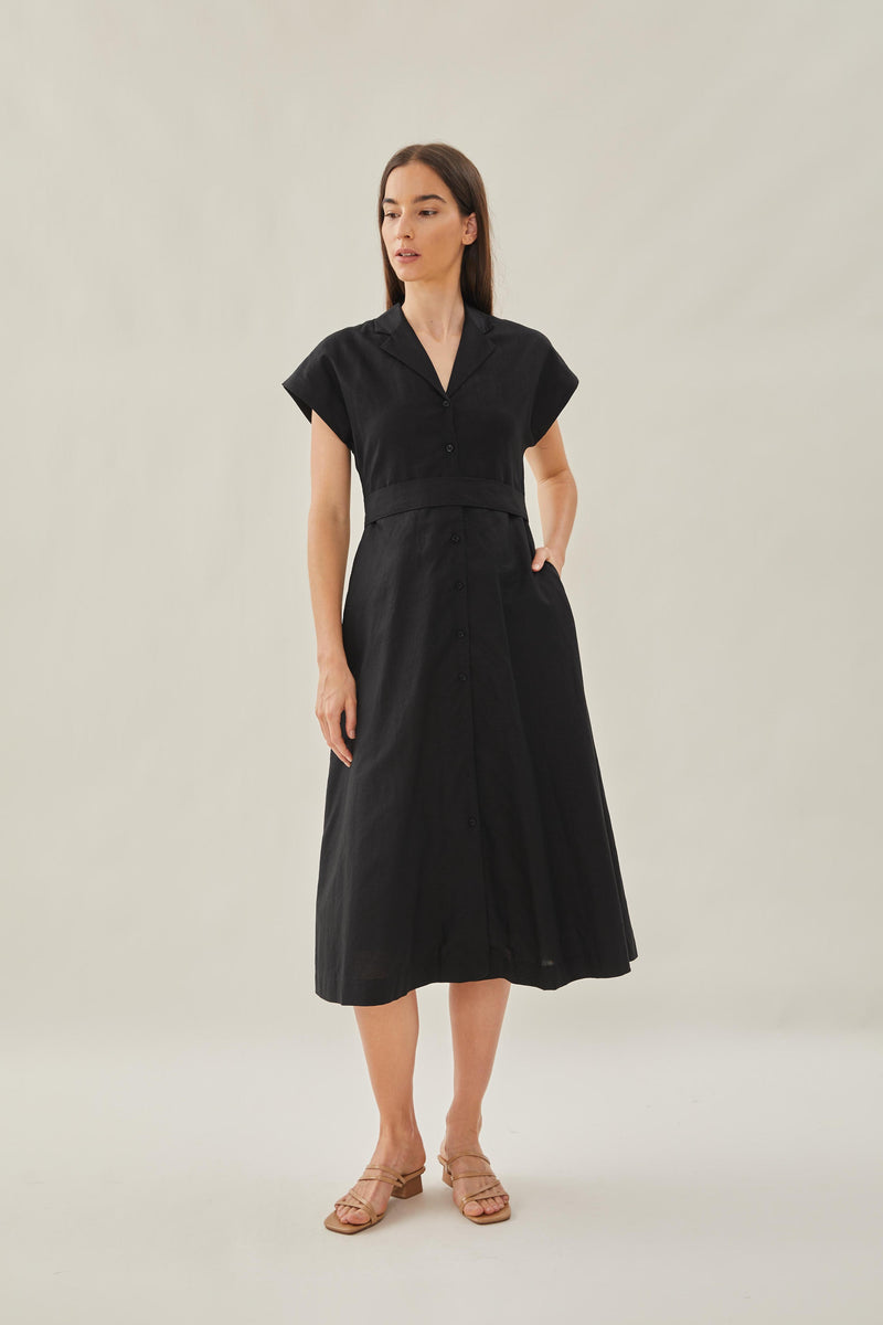 Linen Collared Midi Dress in Black