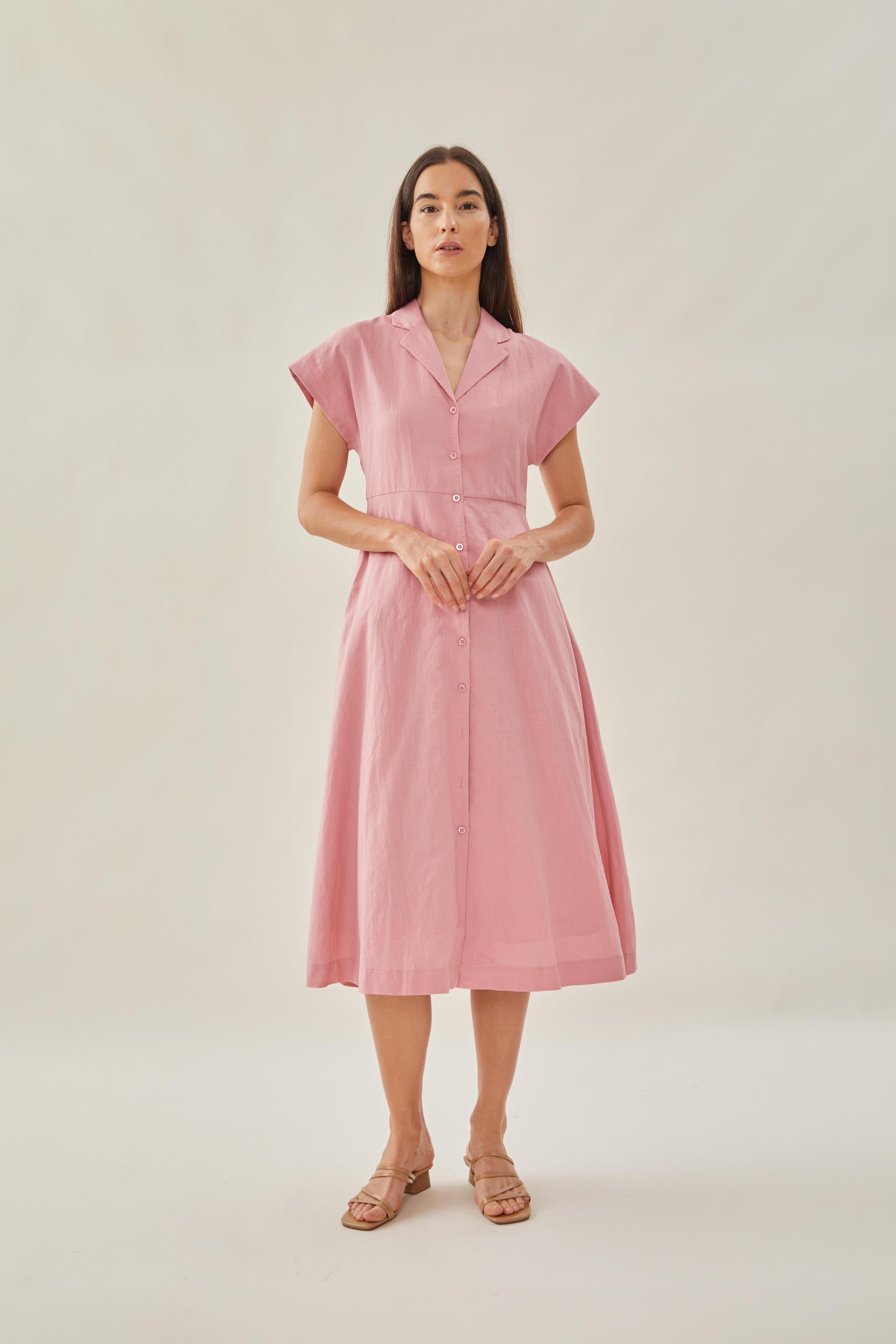 Linen Collared Midi Dress in Pink