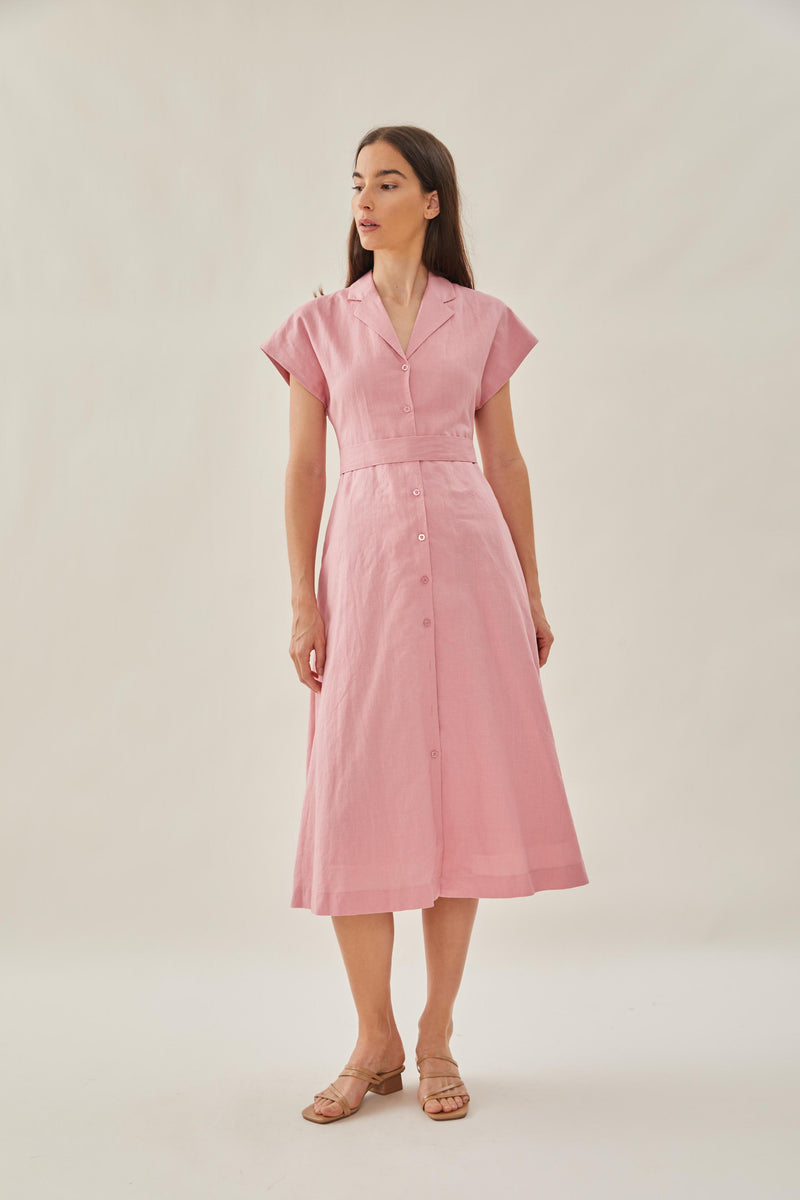 Linen Collared Midi Dress in Pink