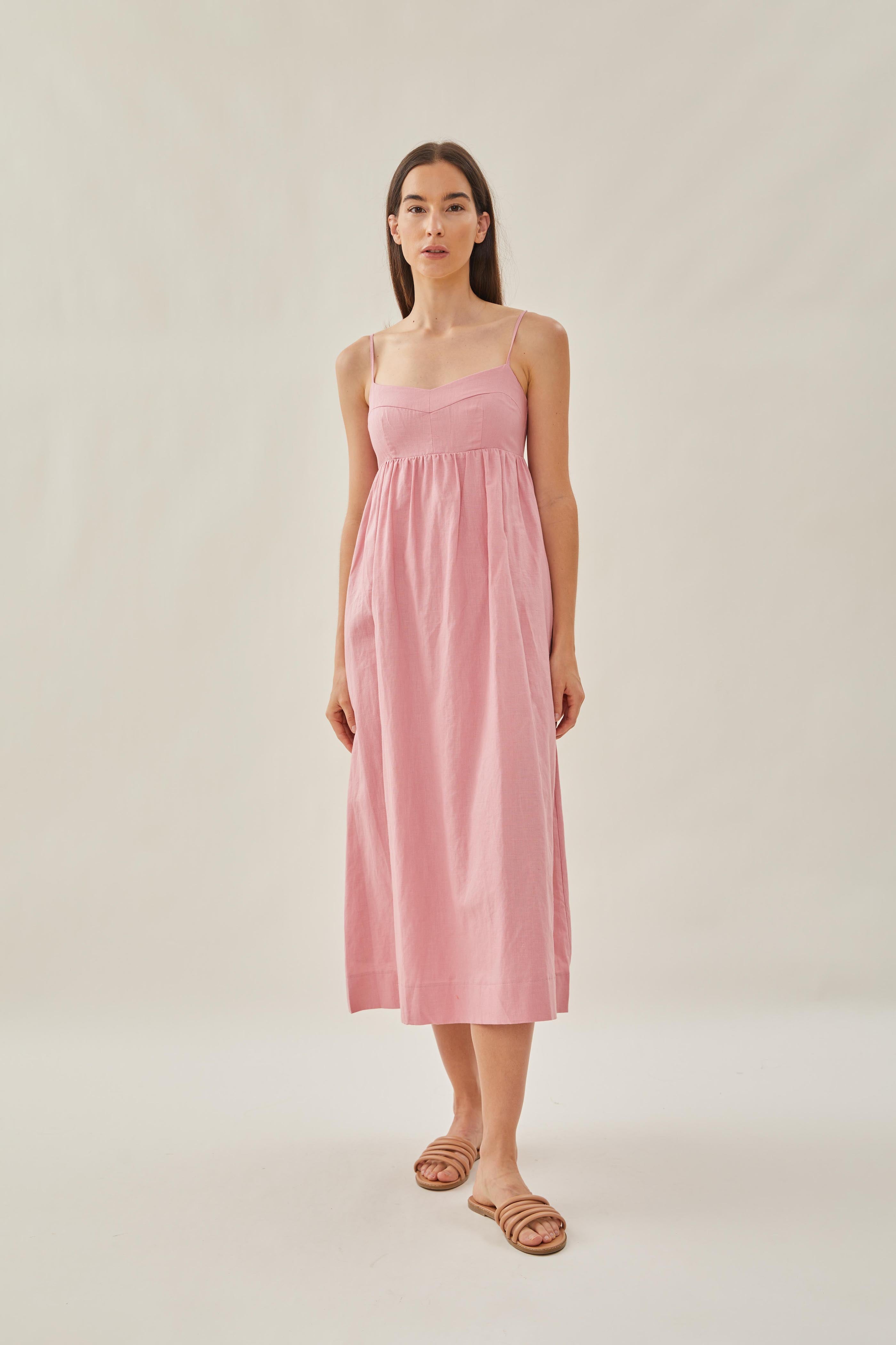Bustier Gathered Midi Dress in Pink