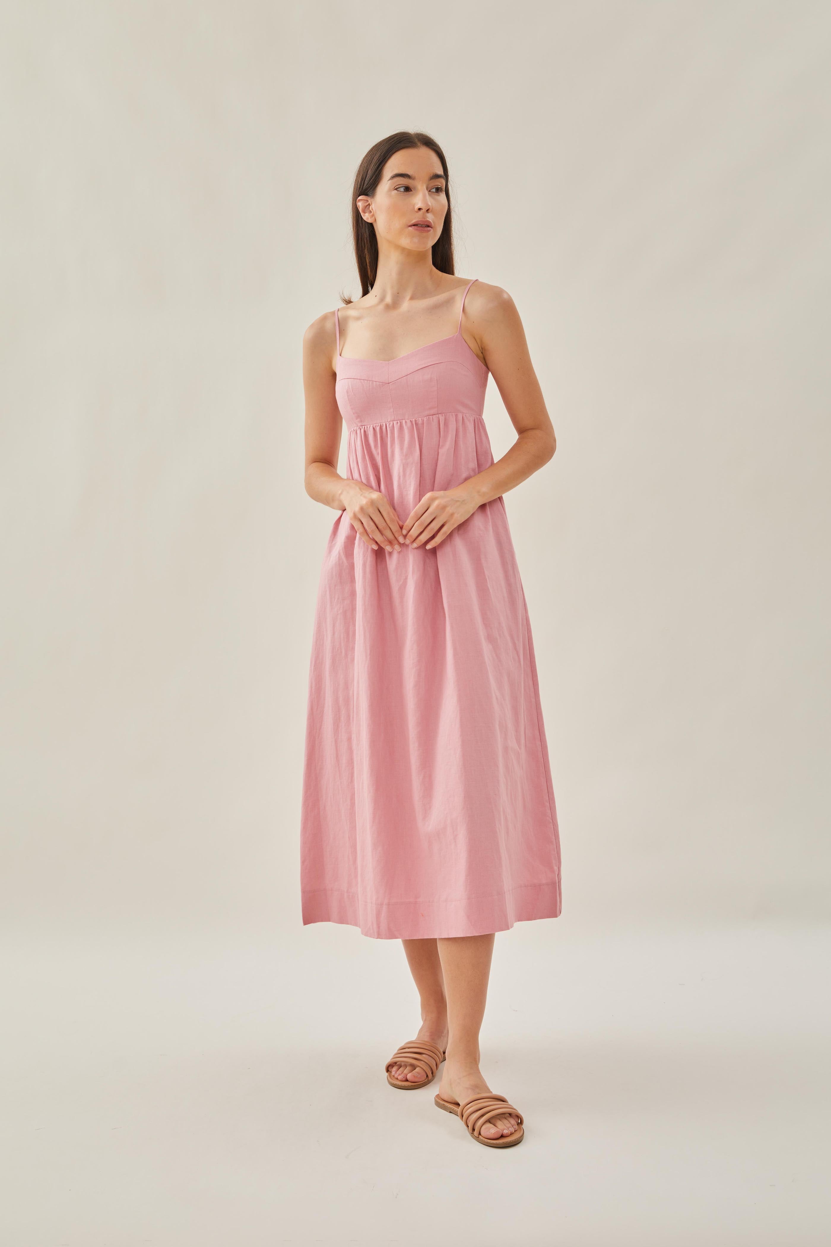 Bustier Gathered Midi Dress in Pink