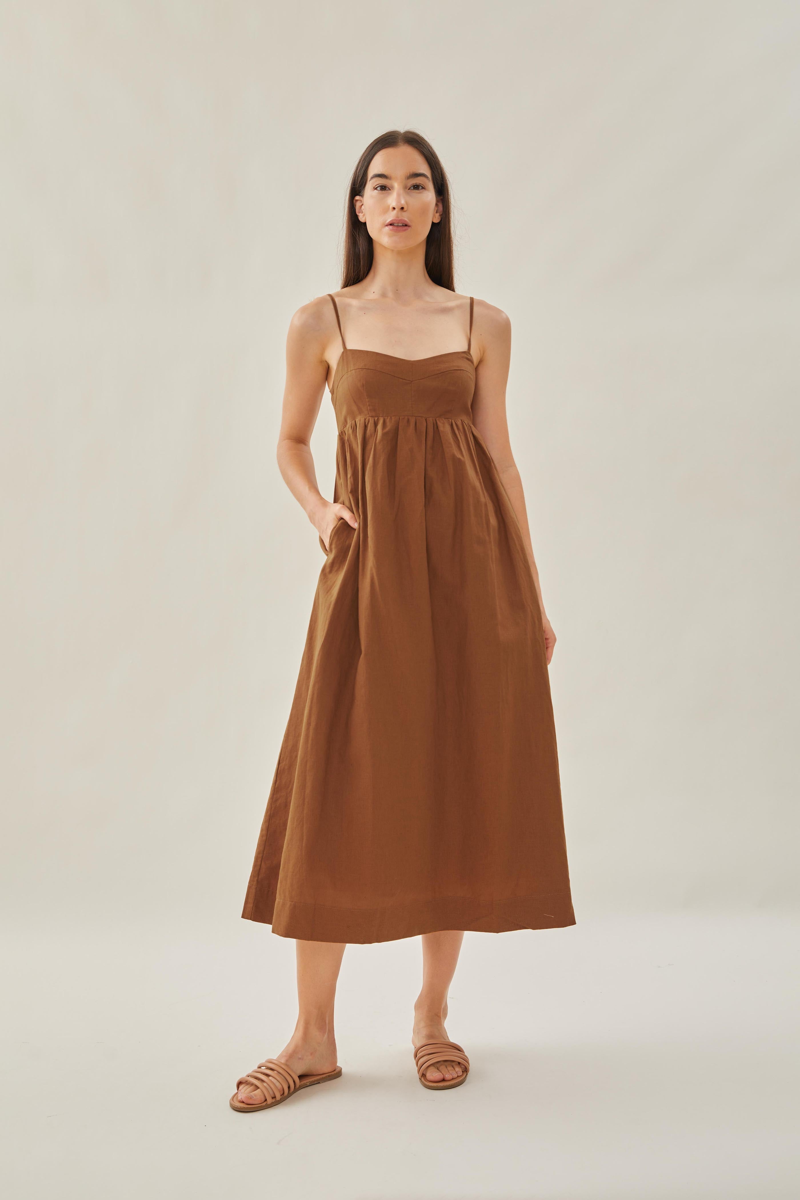 Bustier Gathered Midi Dress in Brown