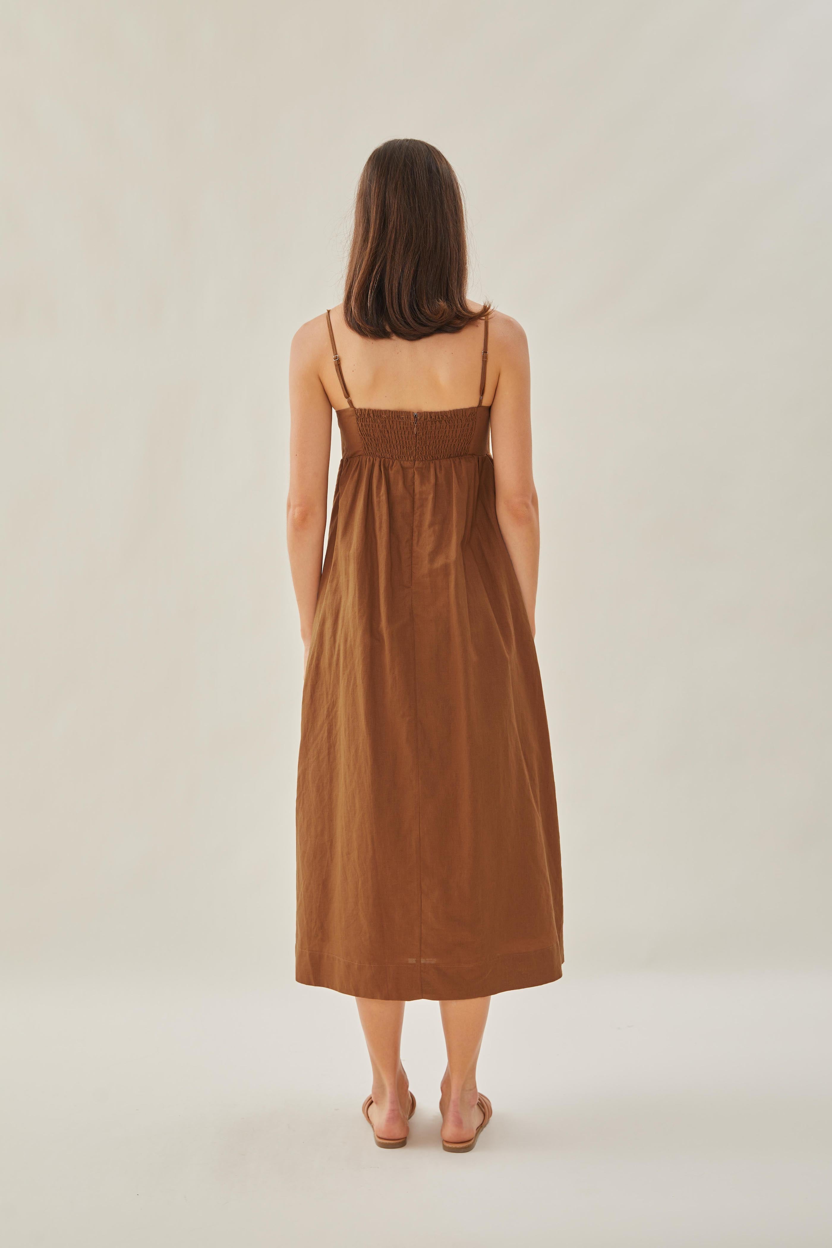 Bustier Gathered Midi Dress in Brown