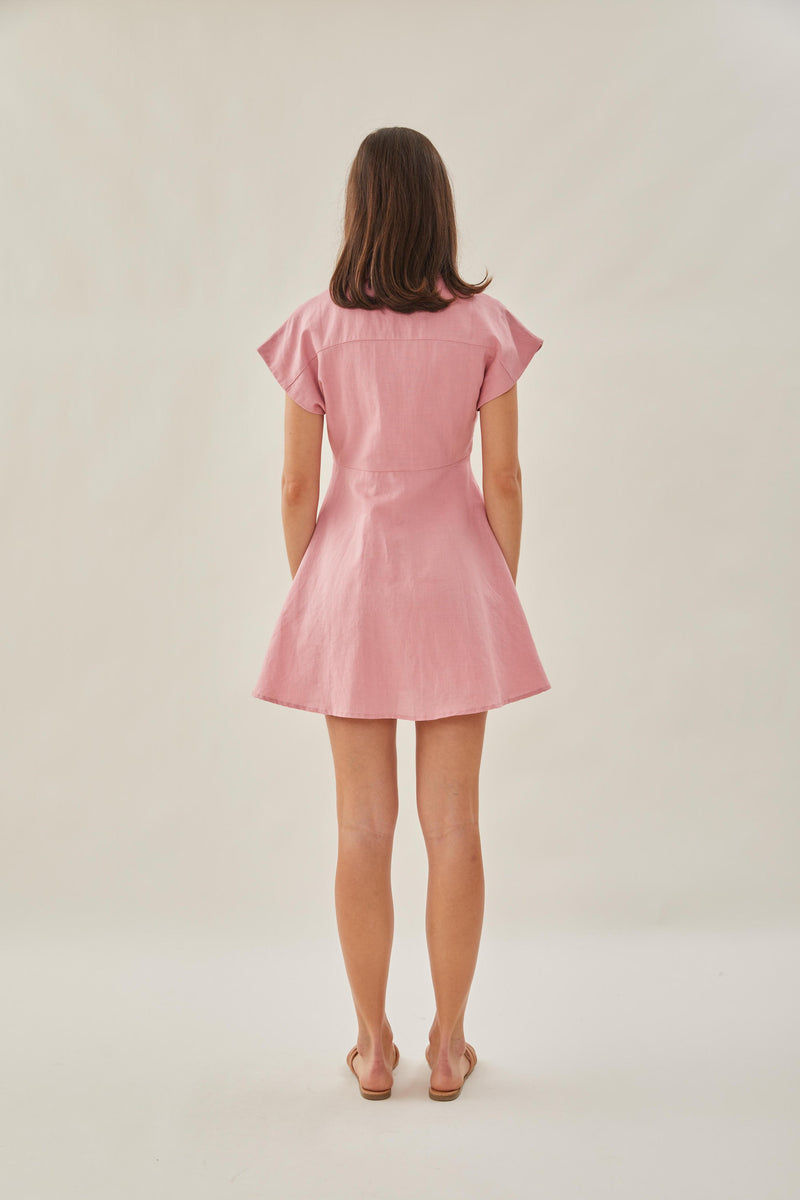 Linen Collared Mini Dress in Pink