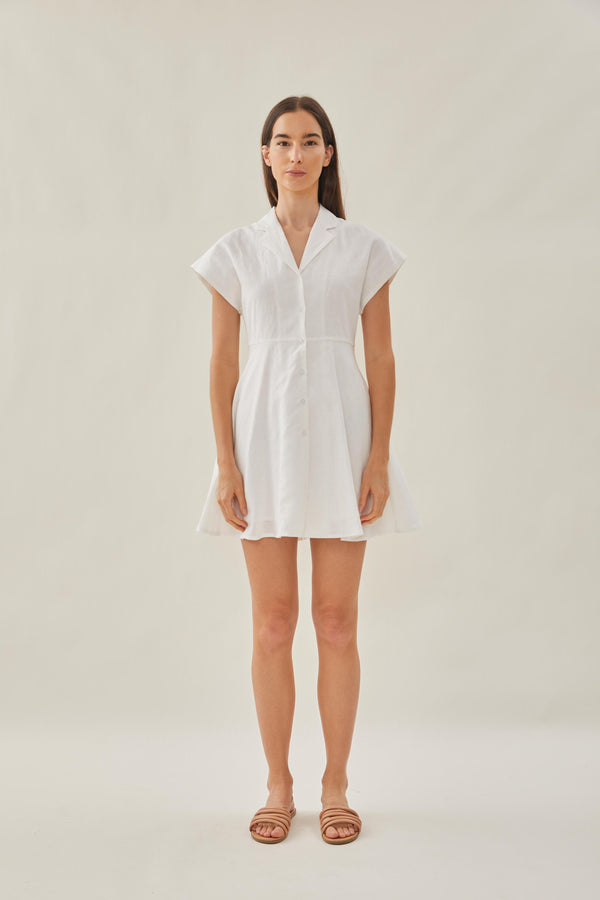 Linen Collared Mini Dress in White