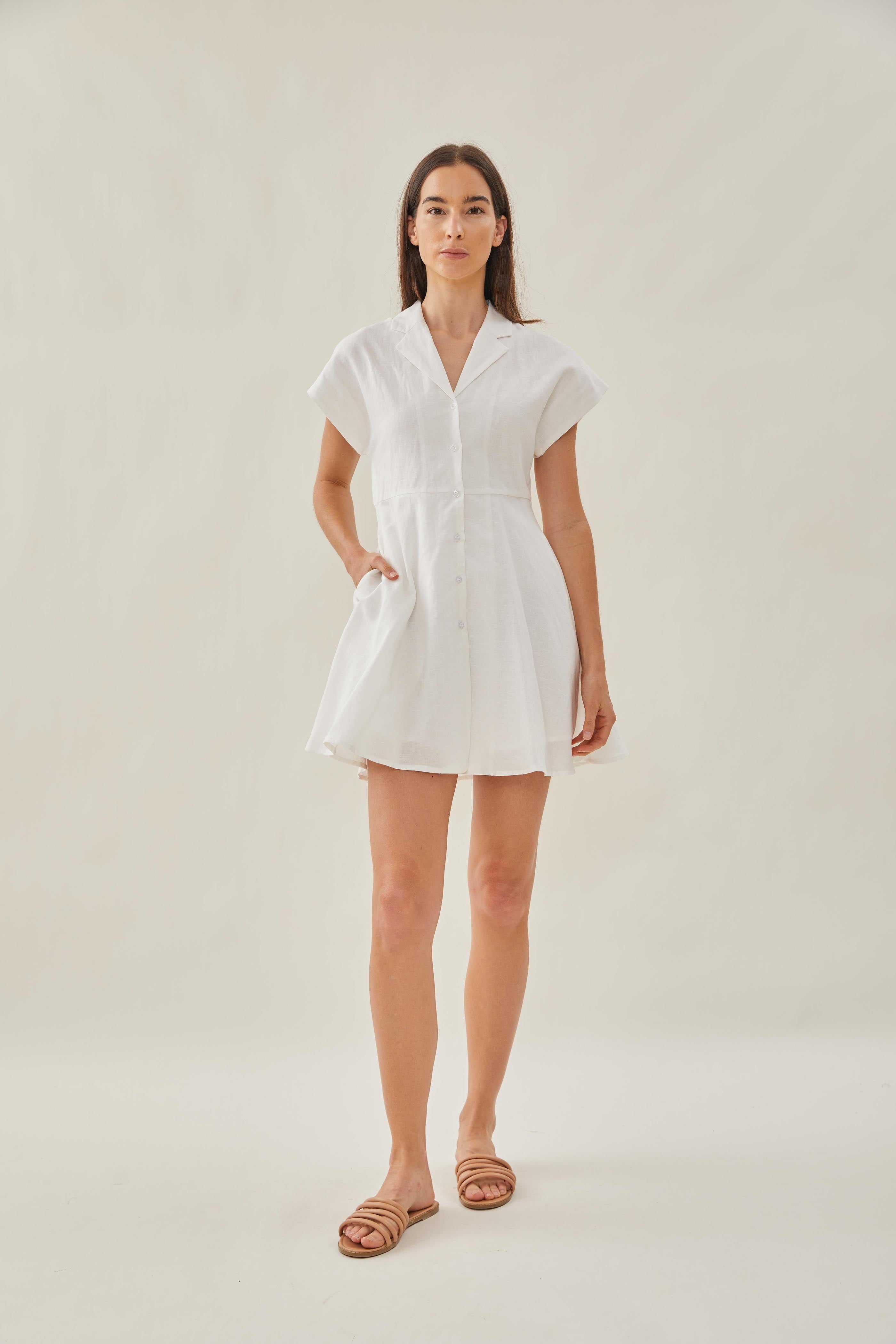Linen Collared Mini Dress in White