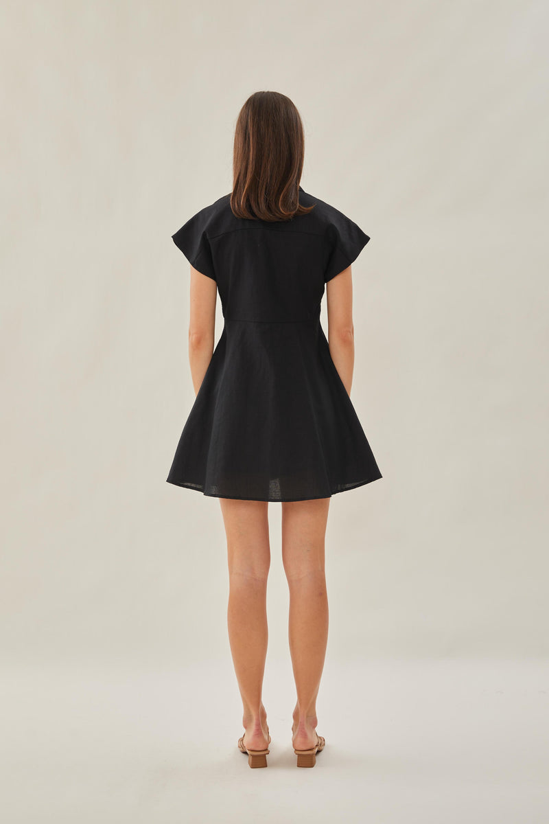 Linen Collared Mini Dress in Black