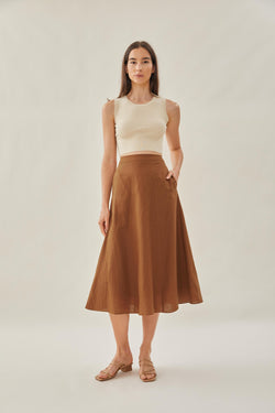 Linen Flared Midi Skirt in Brown