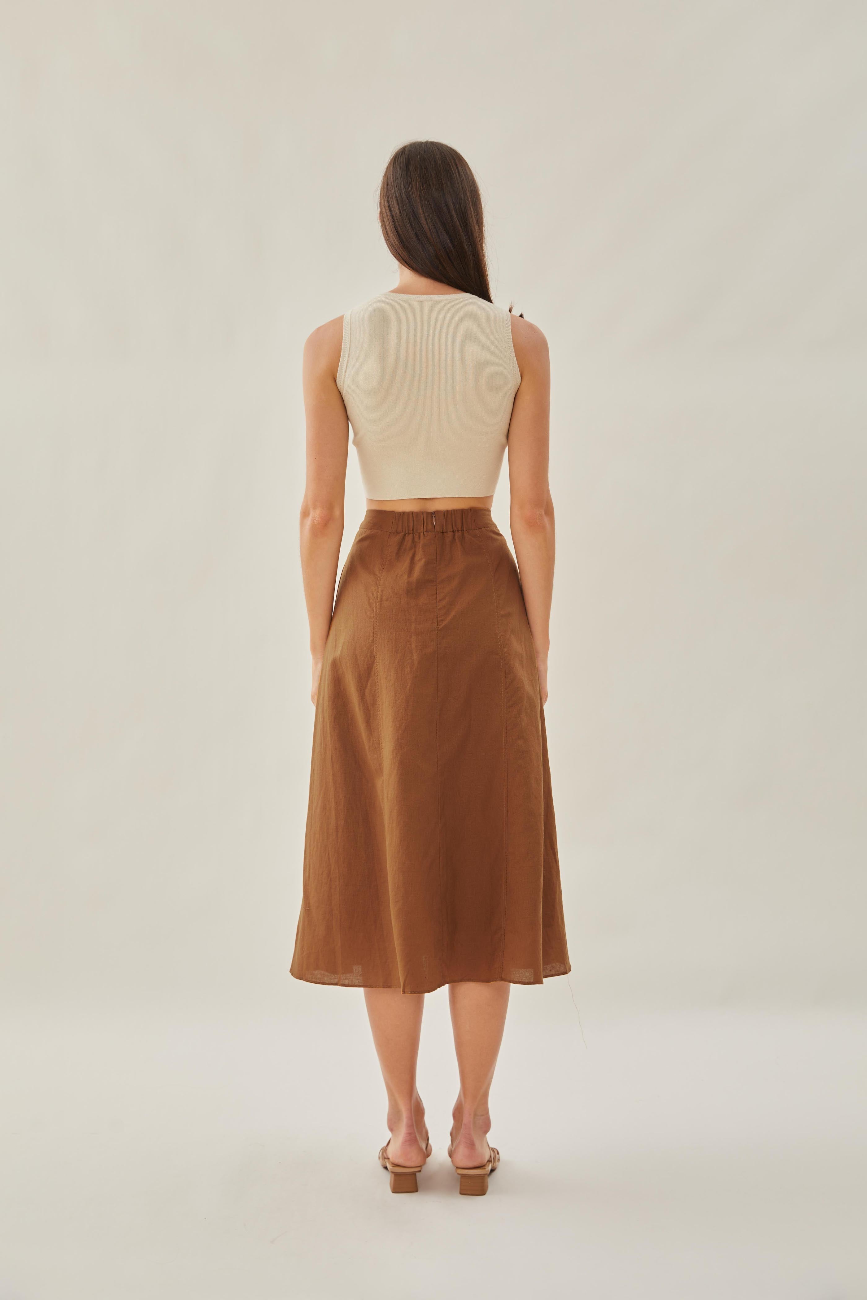 Linen Flared Midi Skirt in Brown