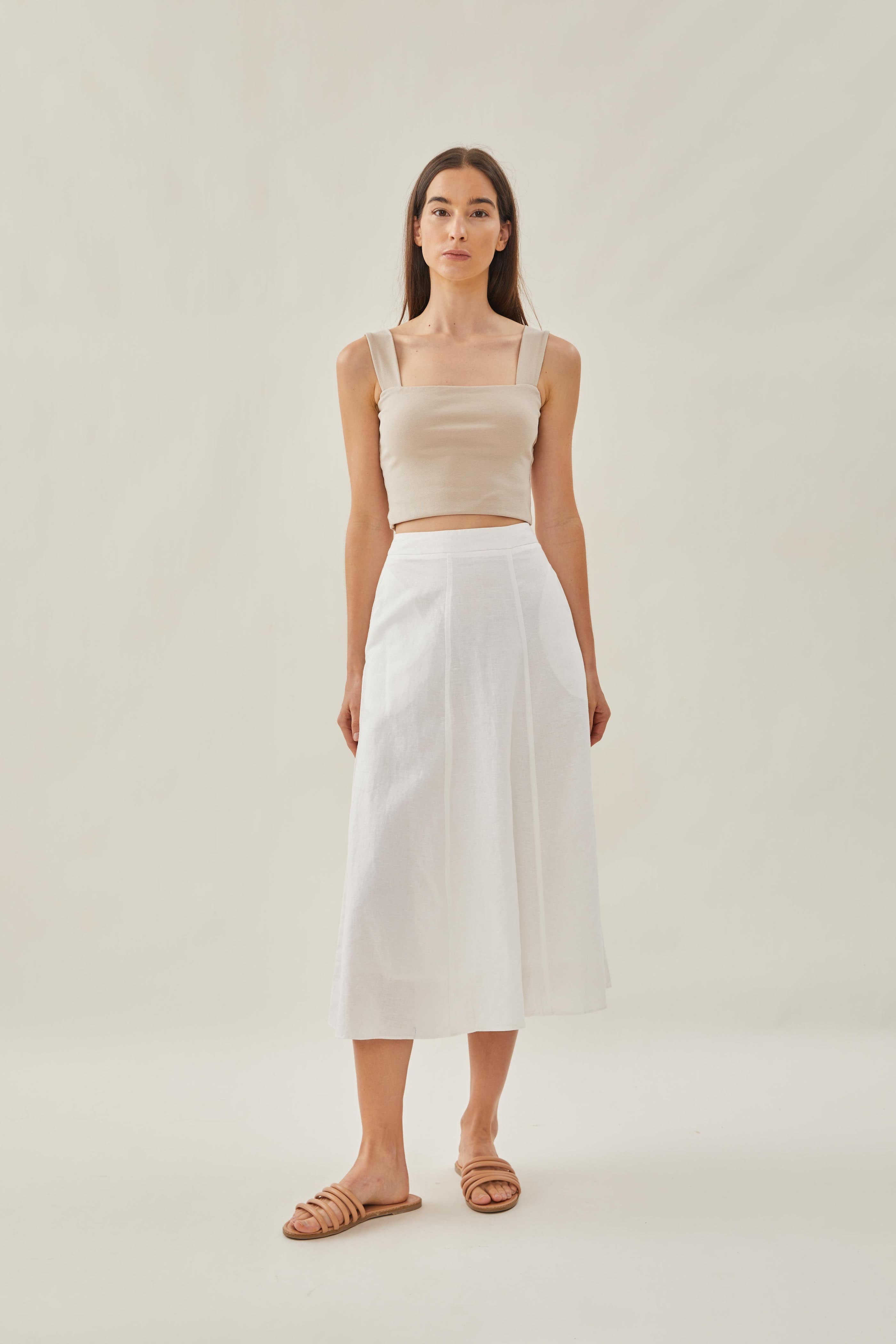 Linen Flared Midi Skirt in White