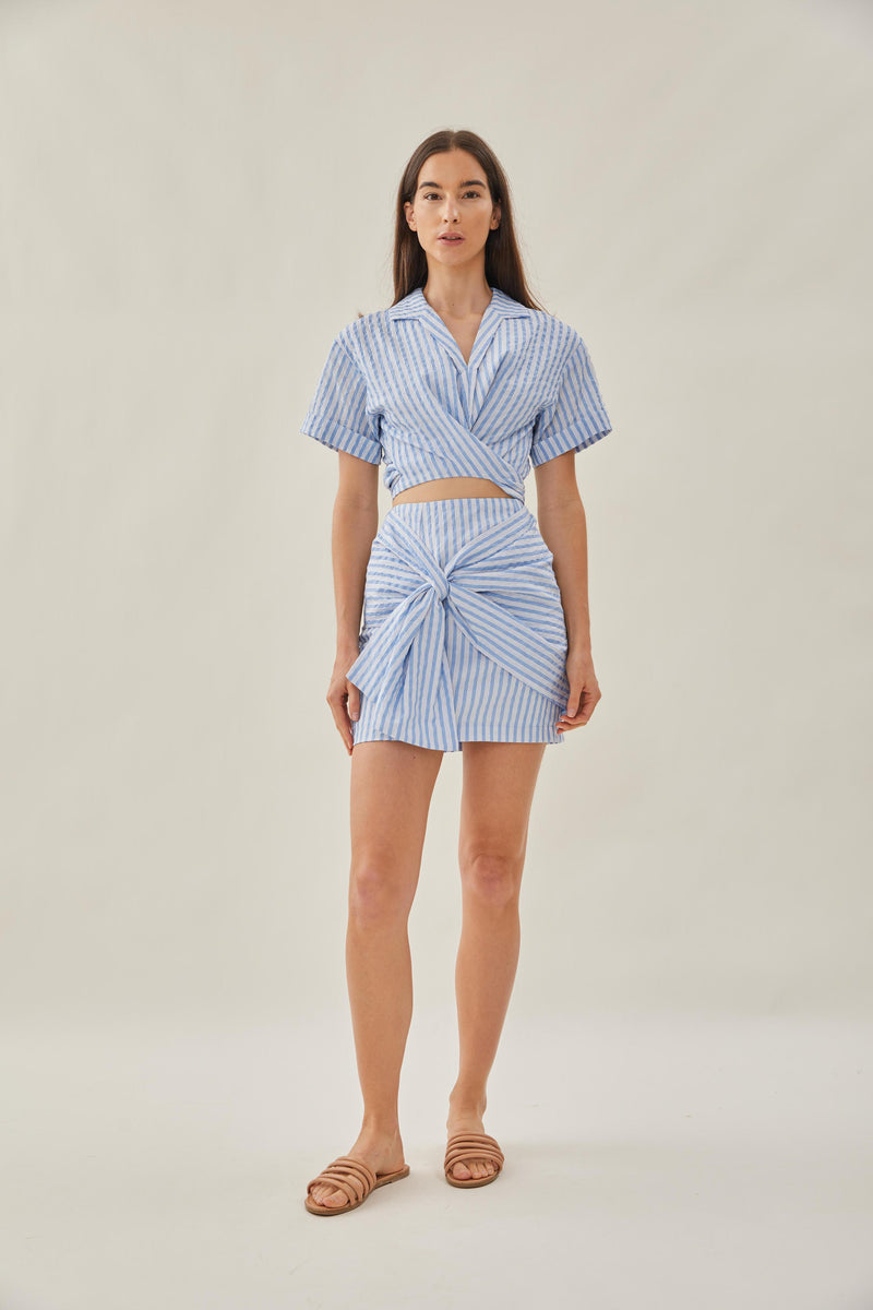 Knotted Mini Skirt in Stripe Blue