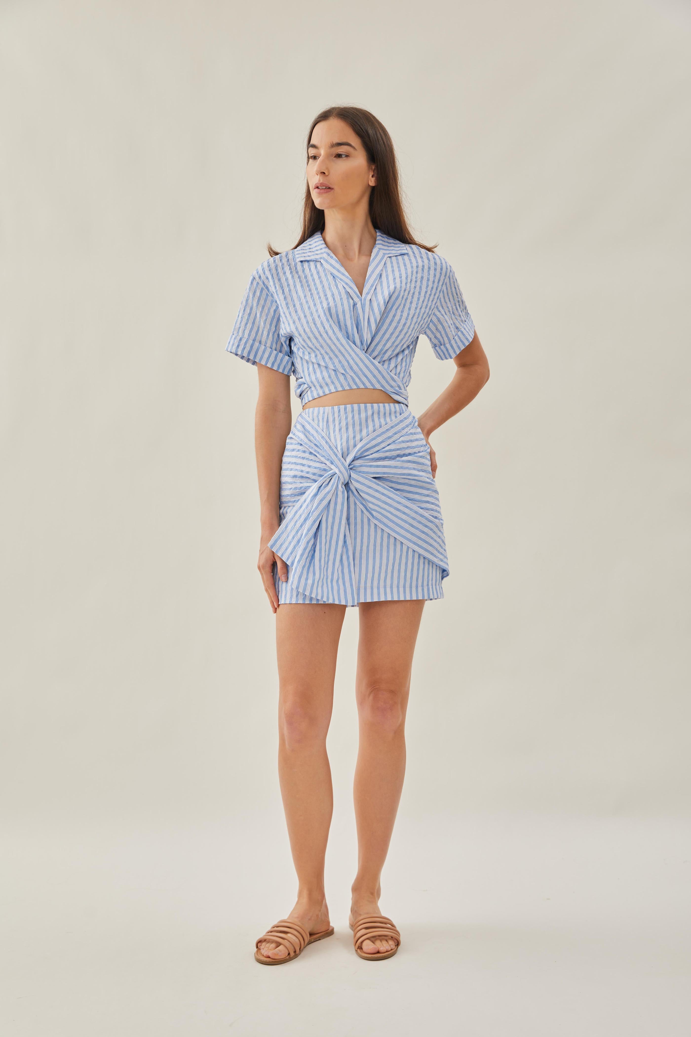 Knotted Mini Skirt in Stripe Blue