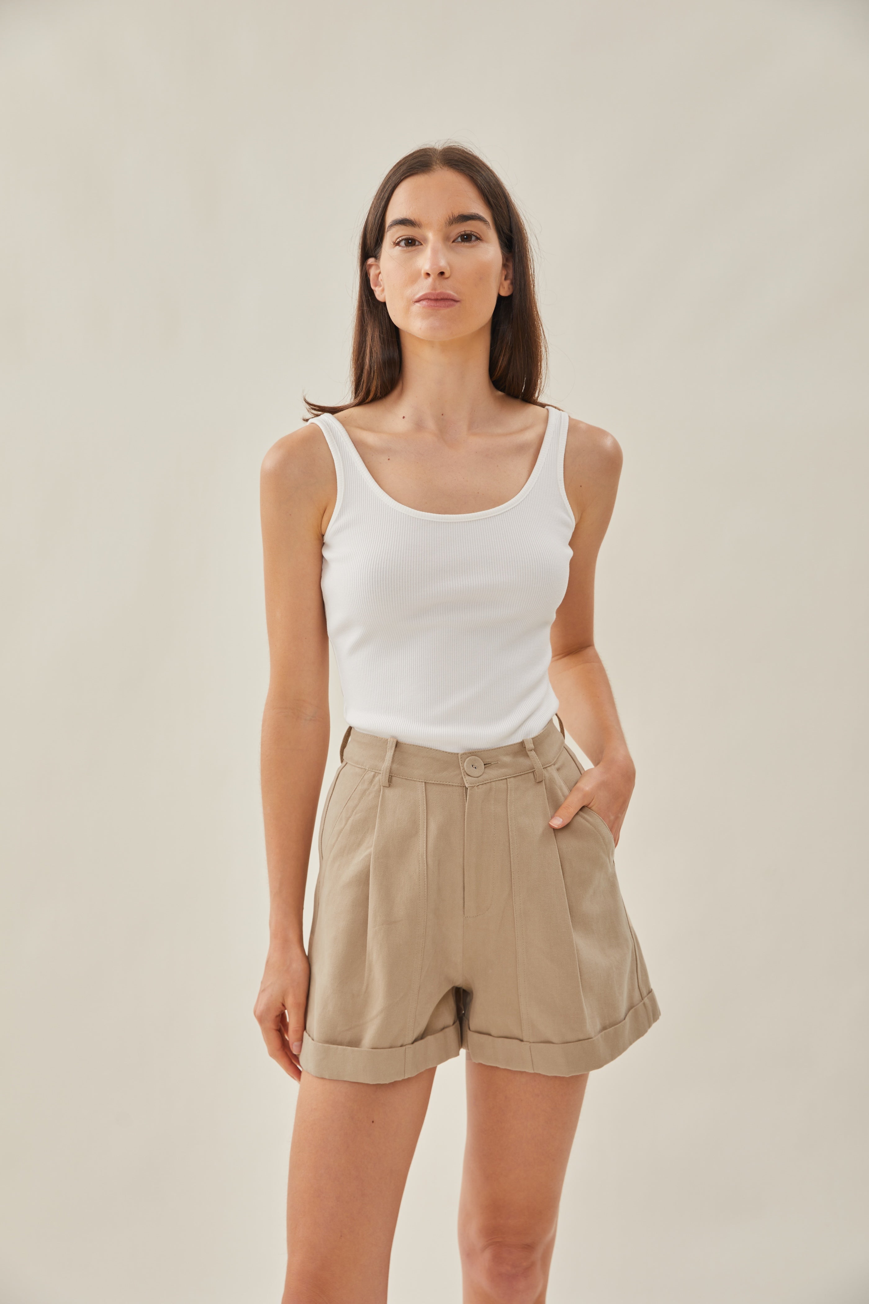 High Waisted Relaxed Shorts in Stone