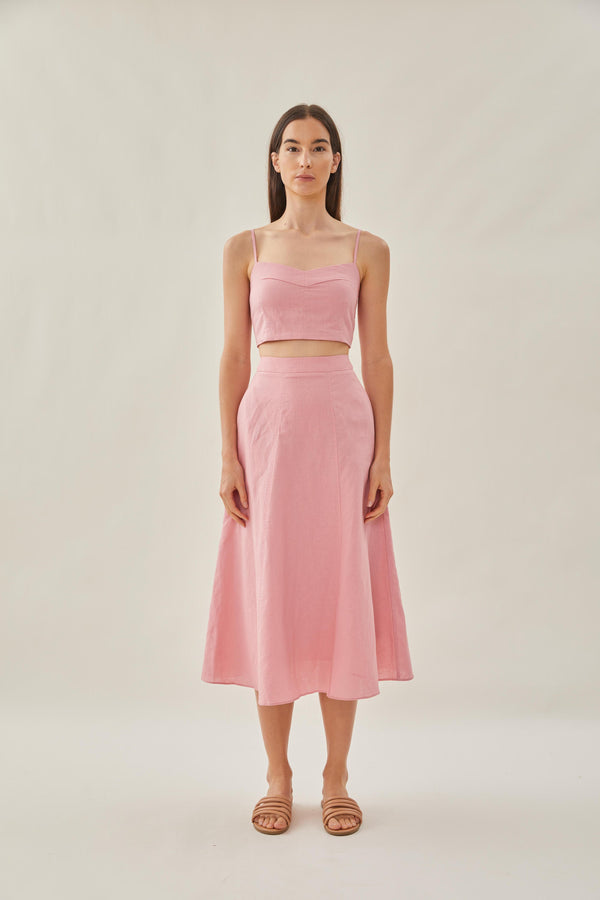 Linen Flared Midi Skirt in Pink