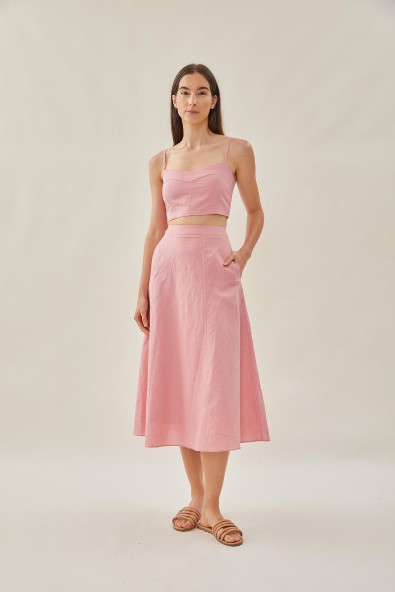 Pink flared 2025 midi skirt