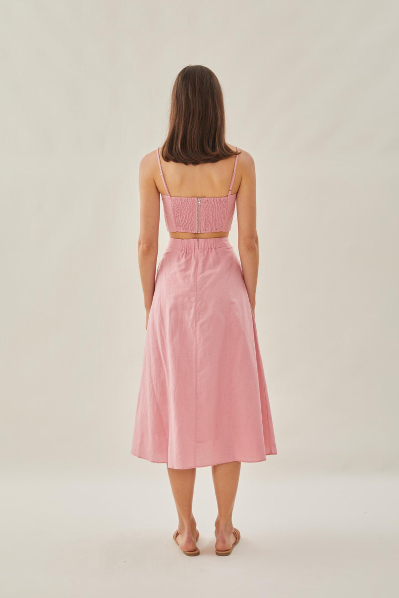 Linen Flared Midi Skirt in Pink