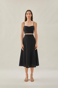 Linen Flared Midi Skirt in Black