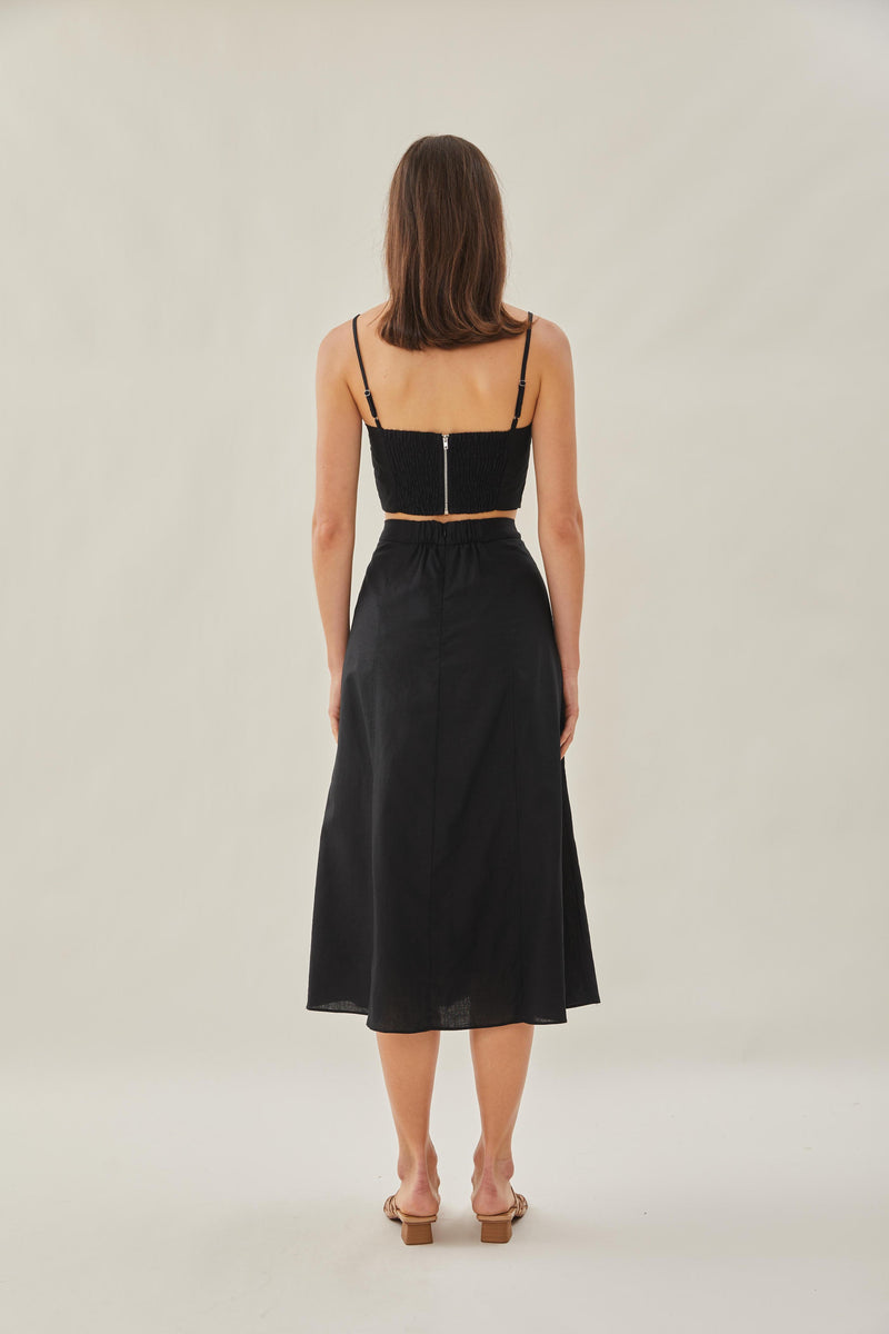 Linen Flared Midi Skirt in Black