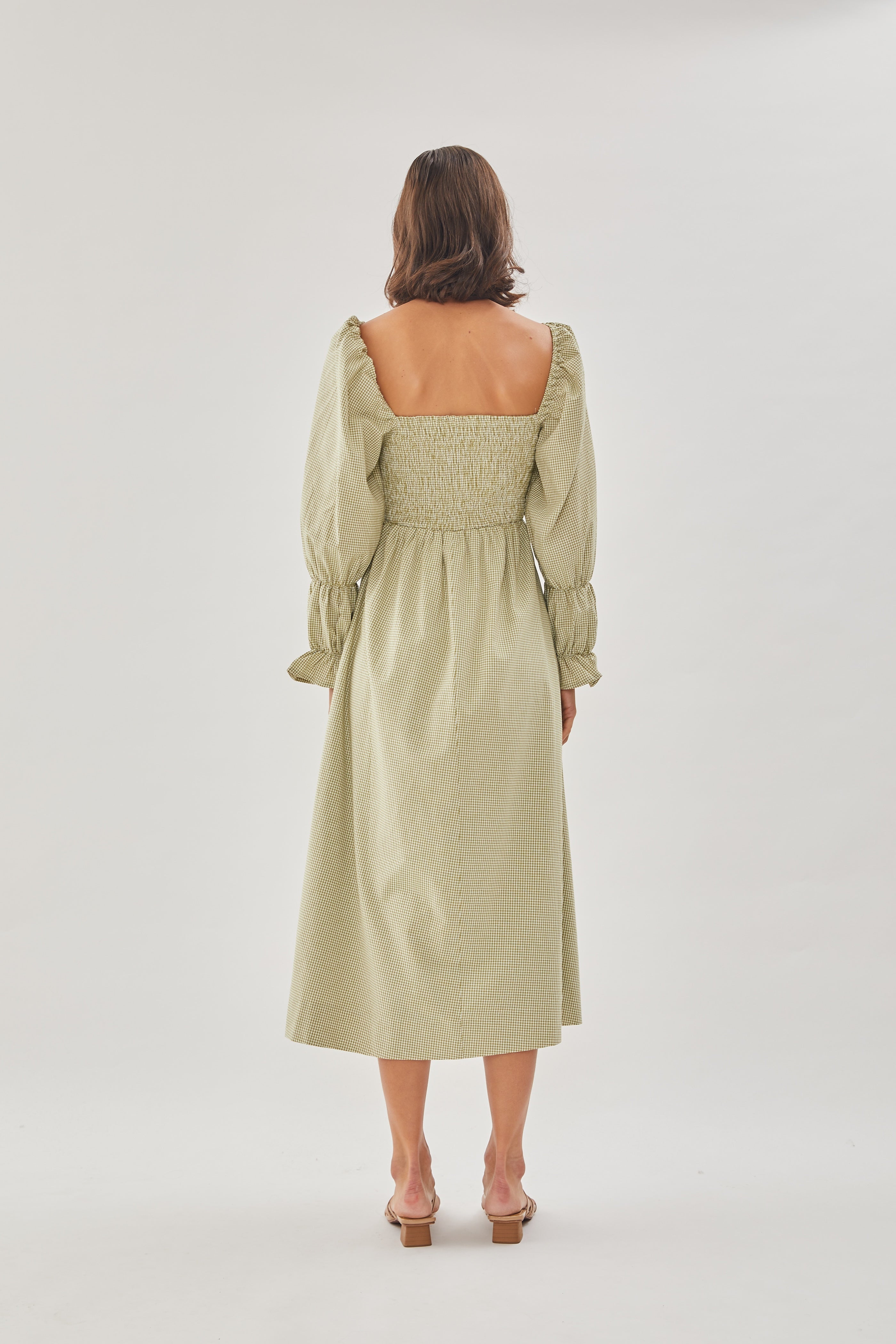 Cotton Shirred Dress in Checkered Olive