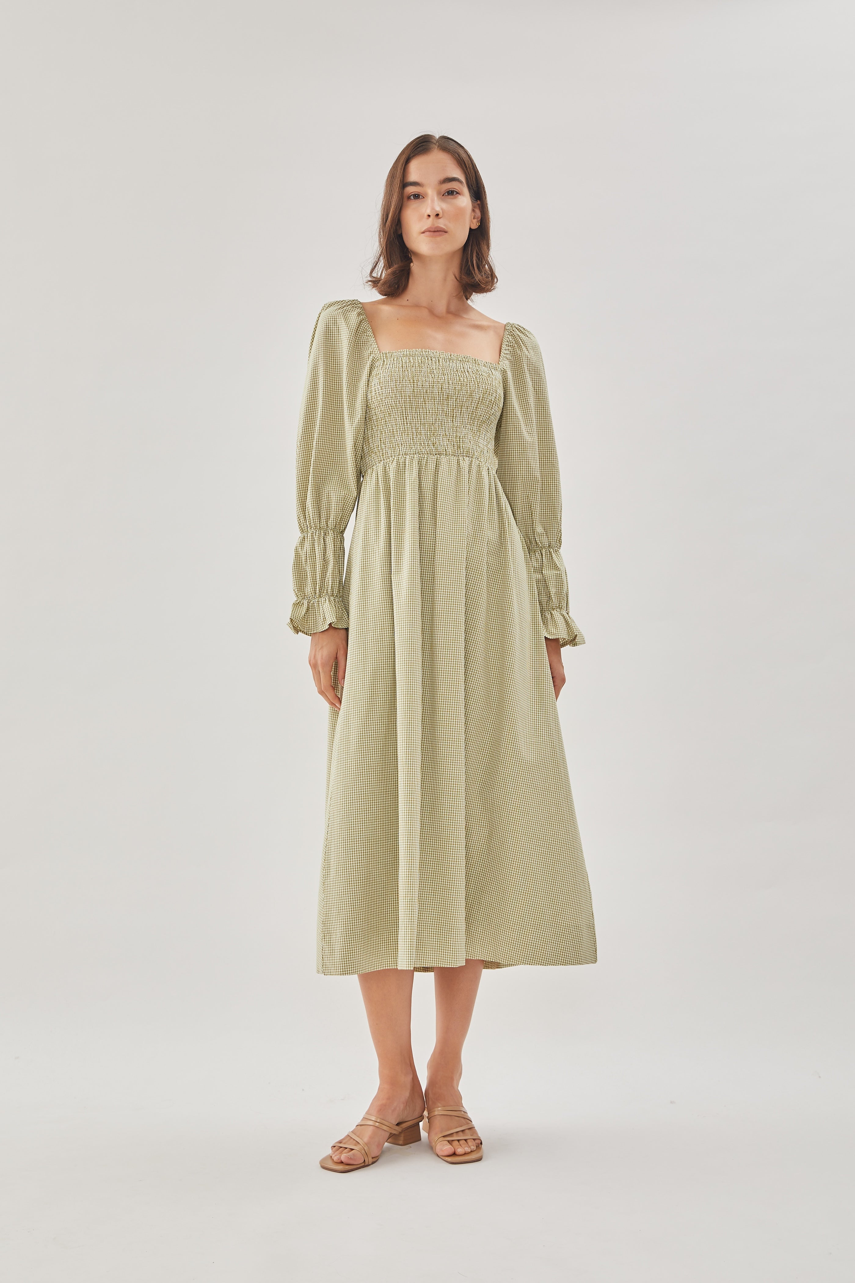 Cotton Shirred Dress in Checkered Olive