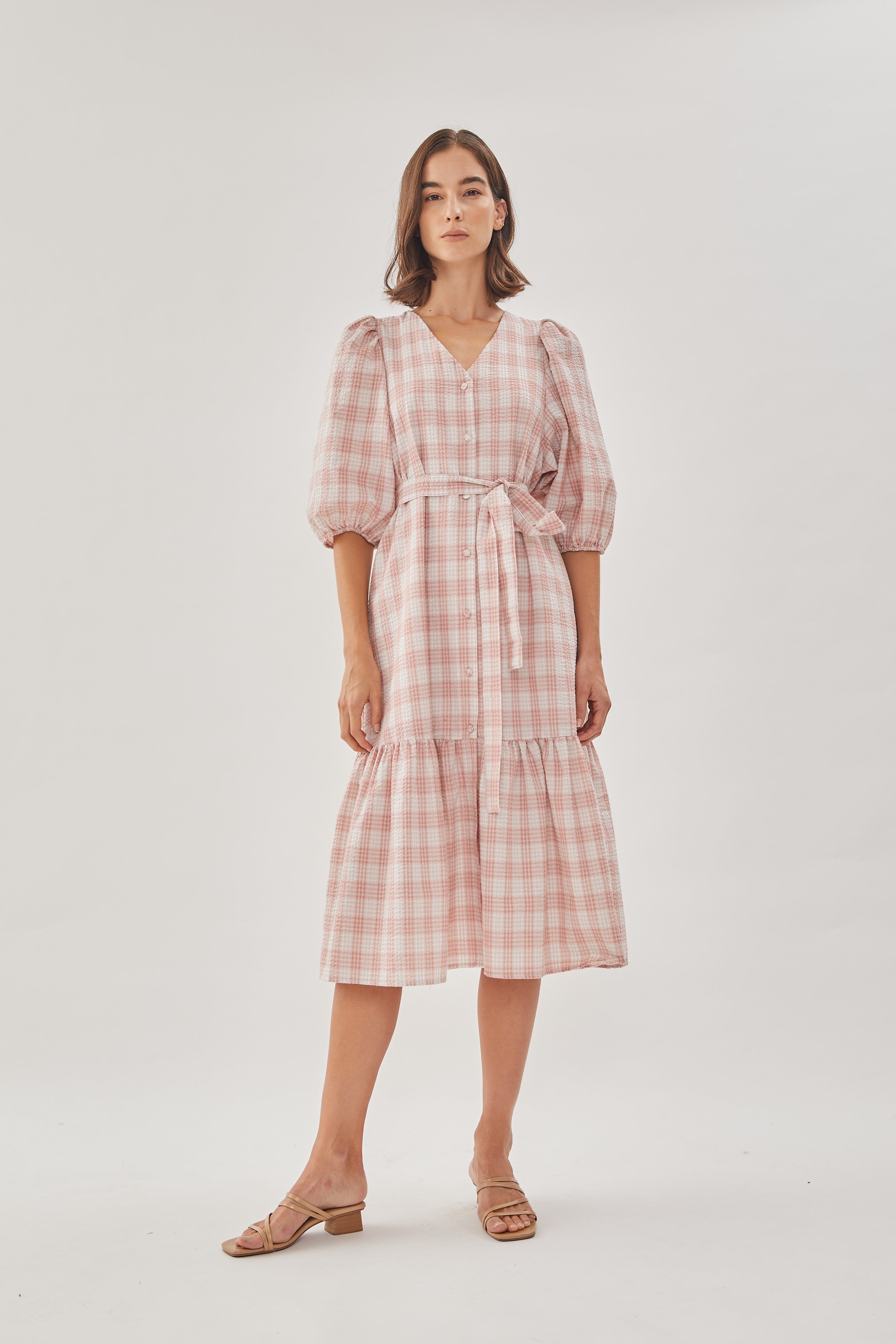 Seersucker Tiered Midi Dress in Shell Pink