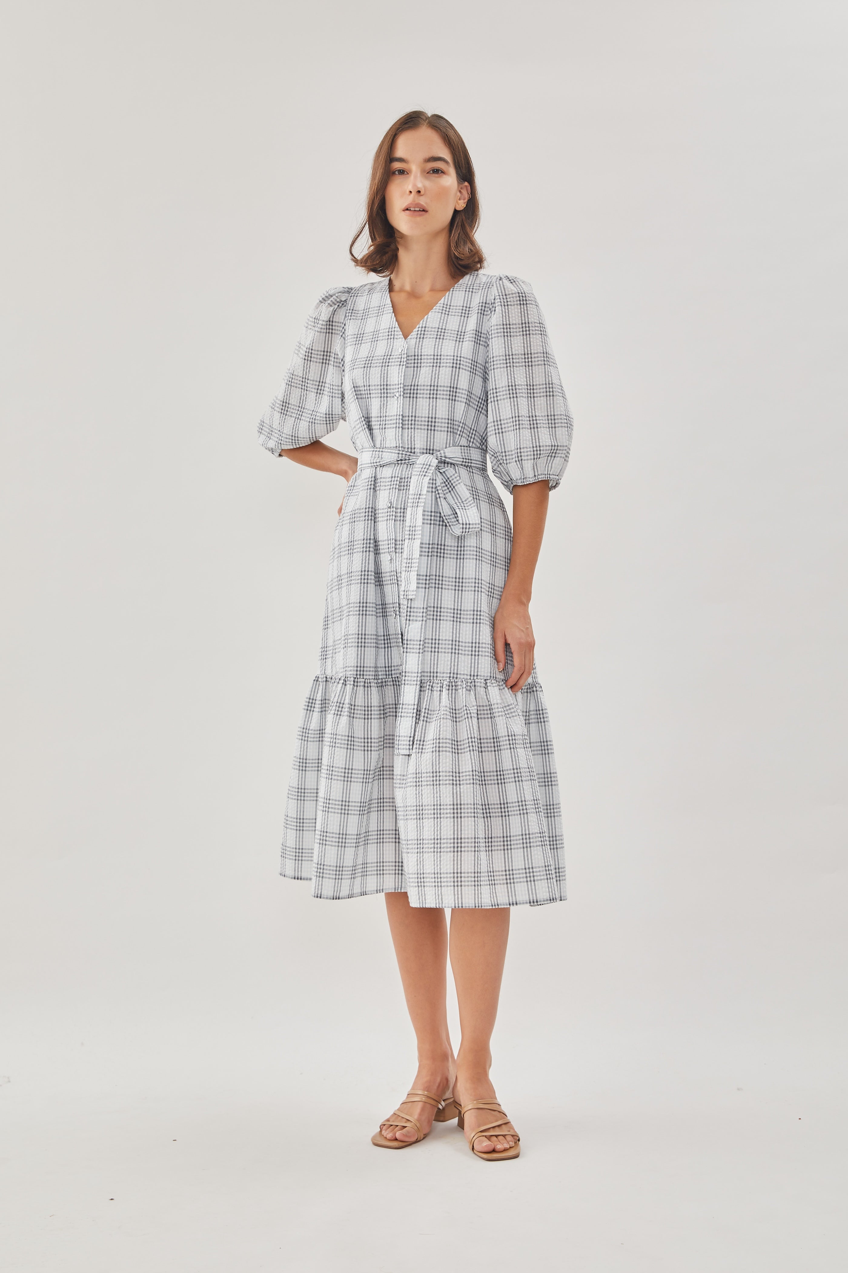 Seersucker Tiered Midi Dress in Mist