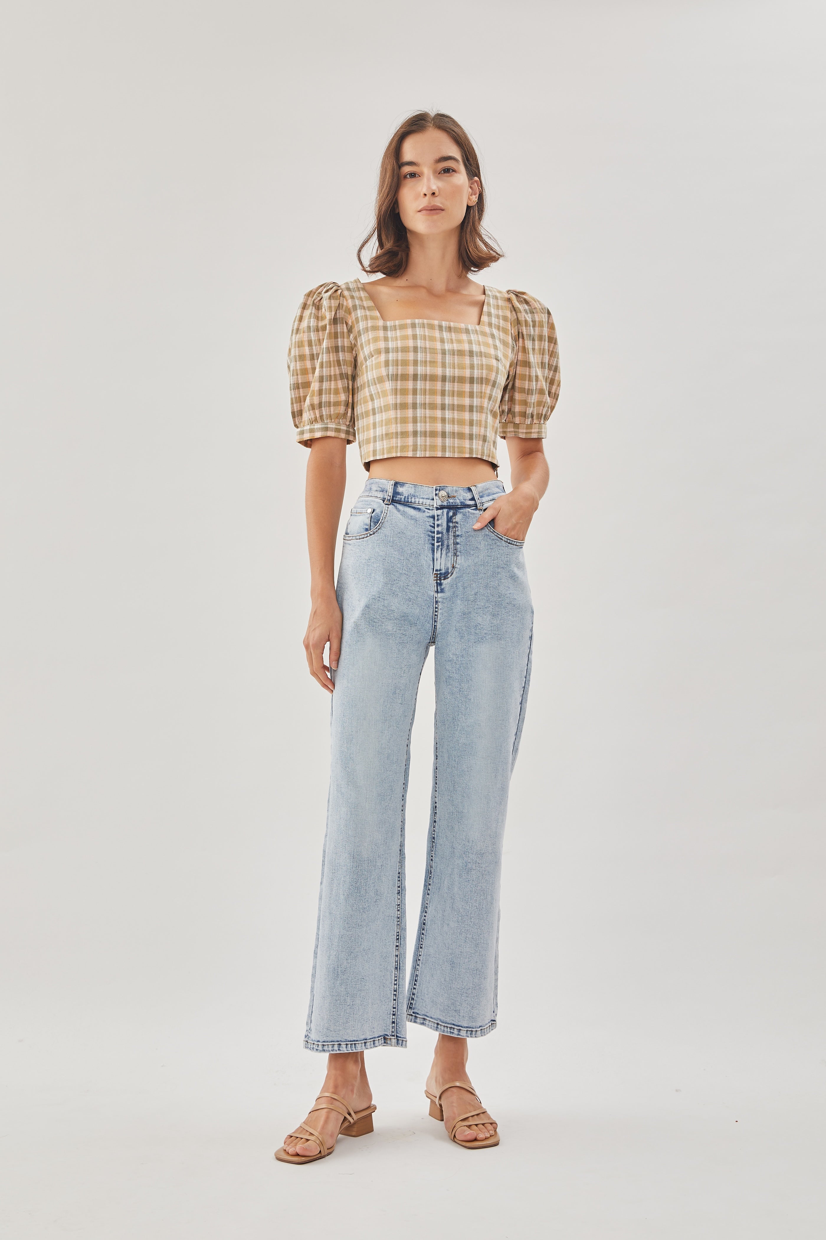 Puff Sleeves Gingham Top in Forest