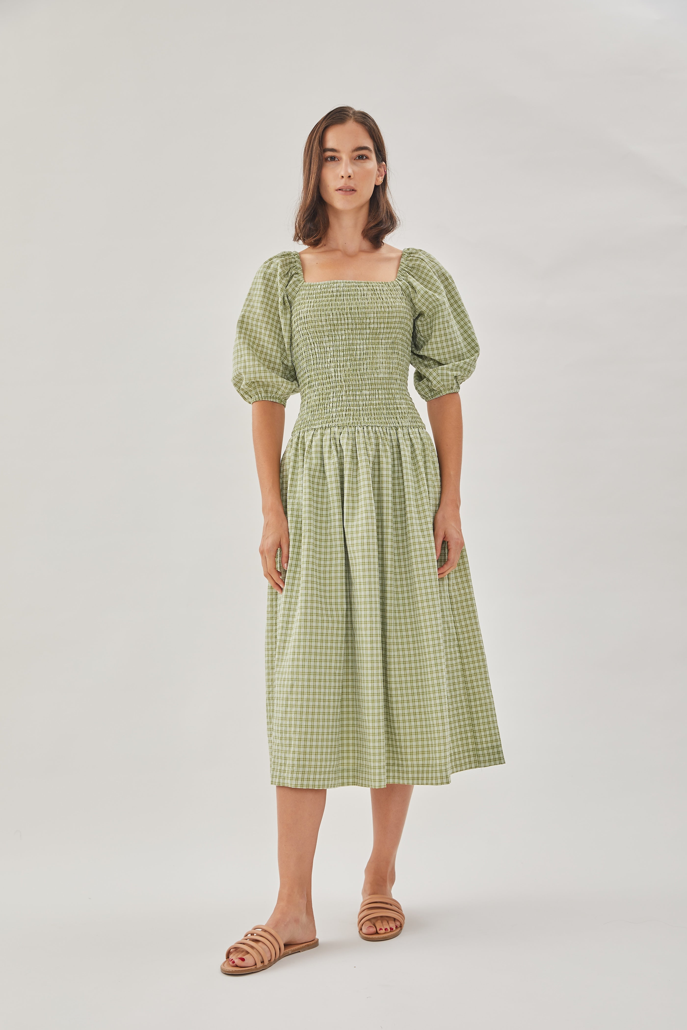 Drop Waist Shirring Dress in Gingham Fern