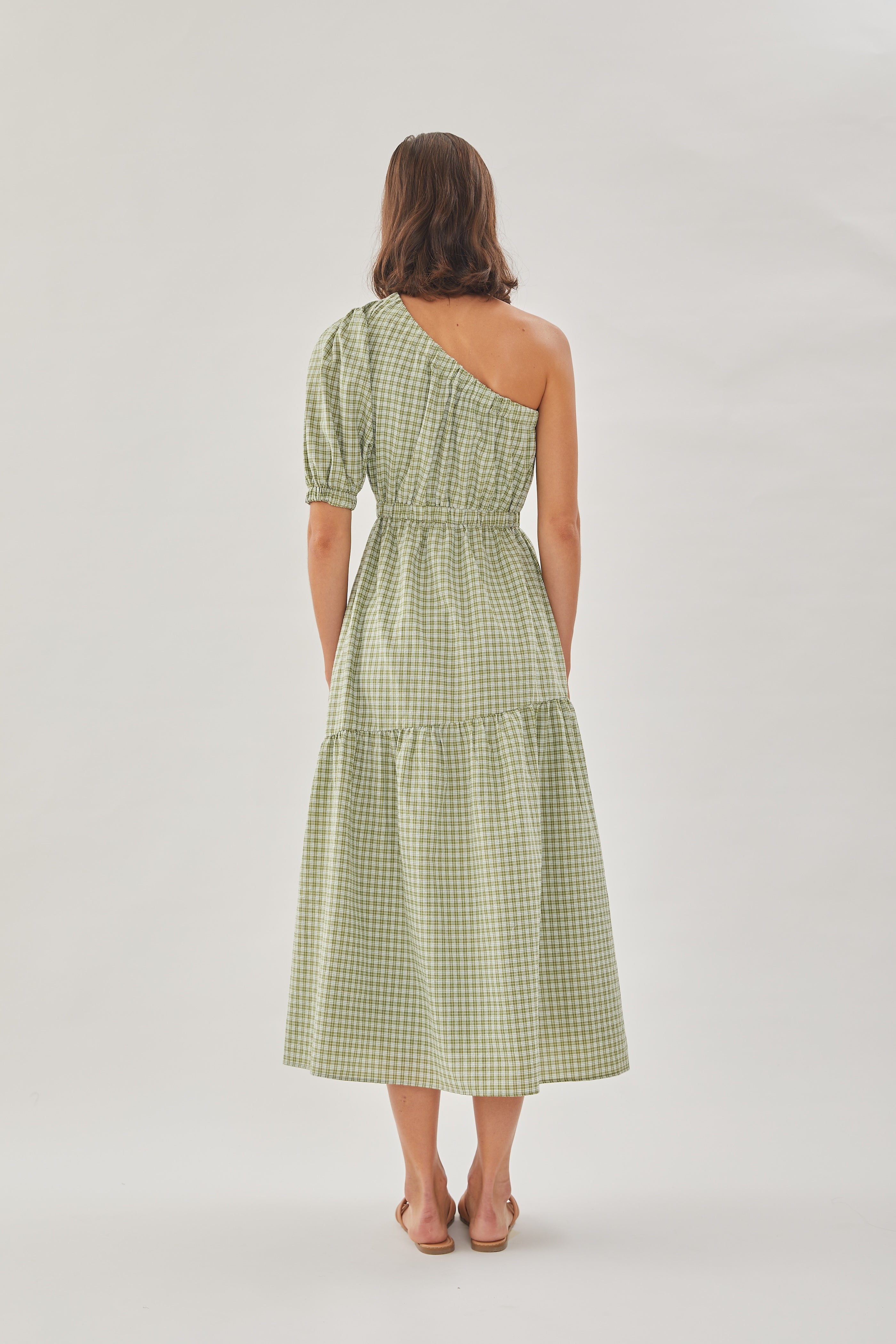 Cotton Blend Toga Dress in Gingham Fern