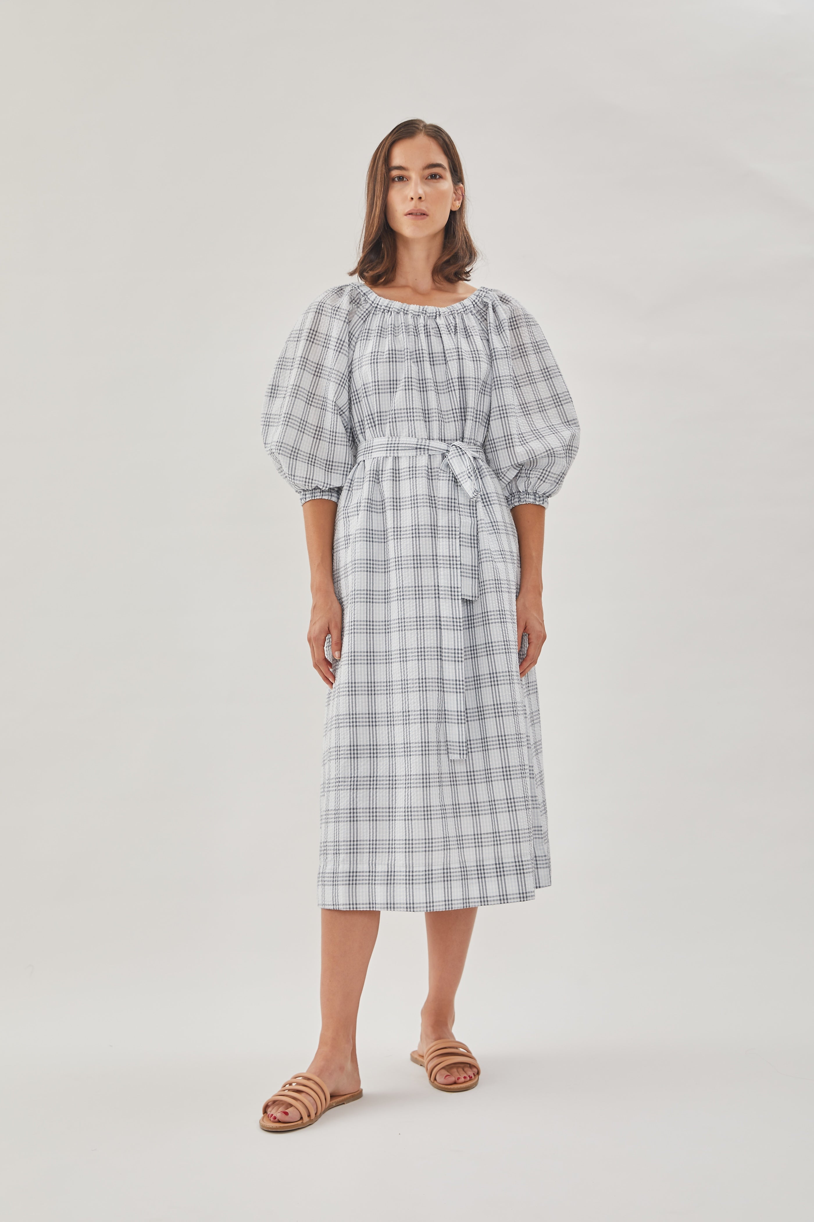 Seersucker Gathered Midi Dress in Mist
