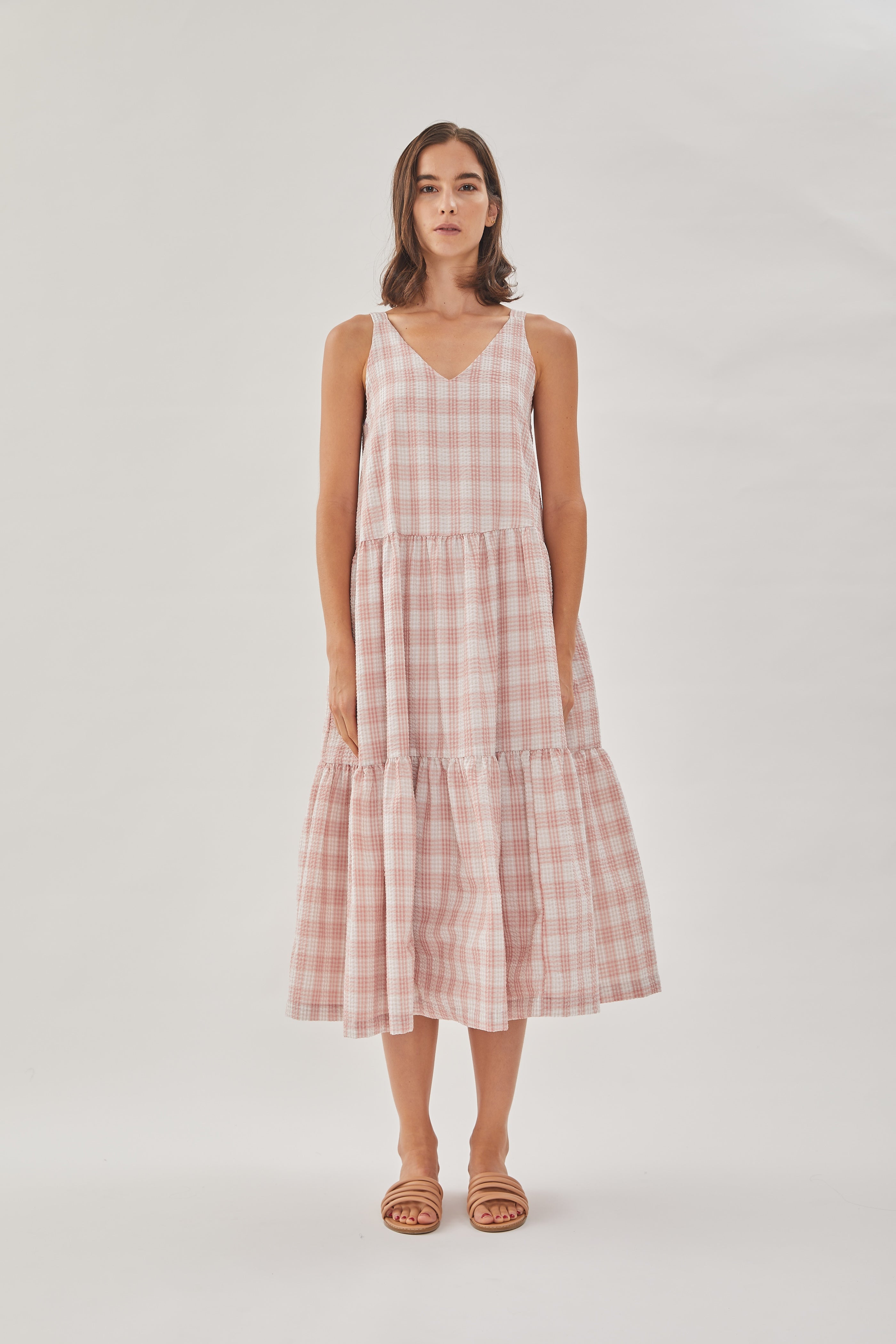Sleeveless Seersucker Tiered Dress in Shell Pink