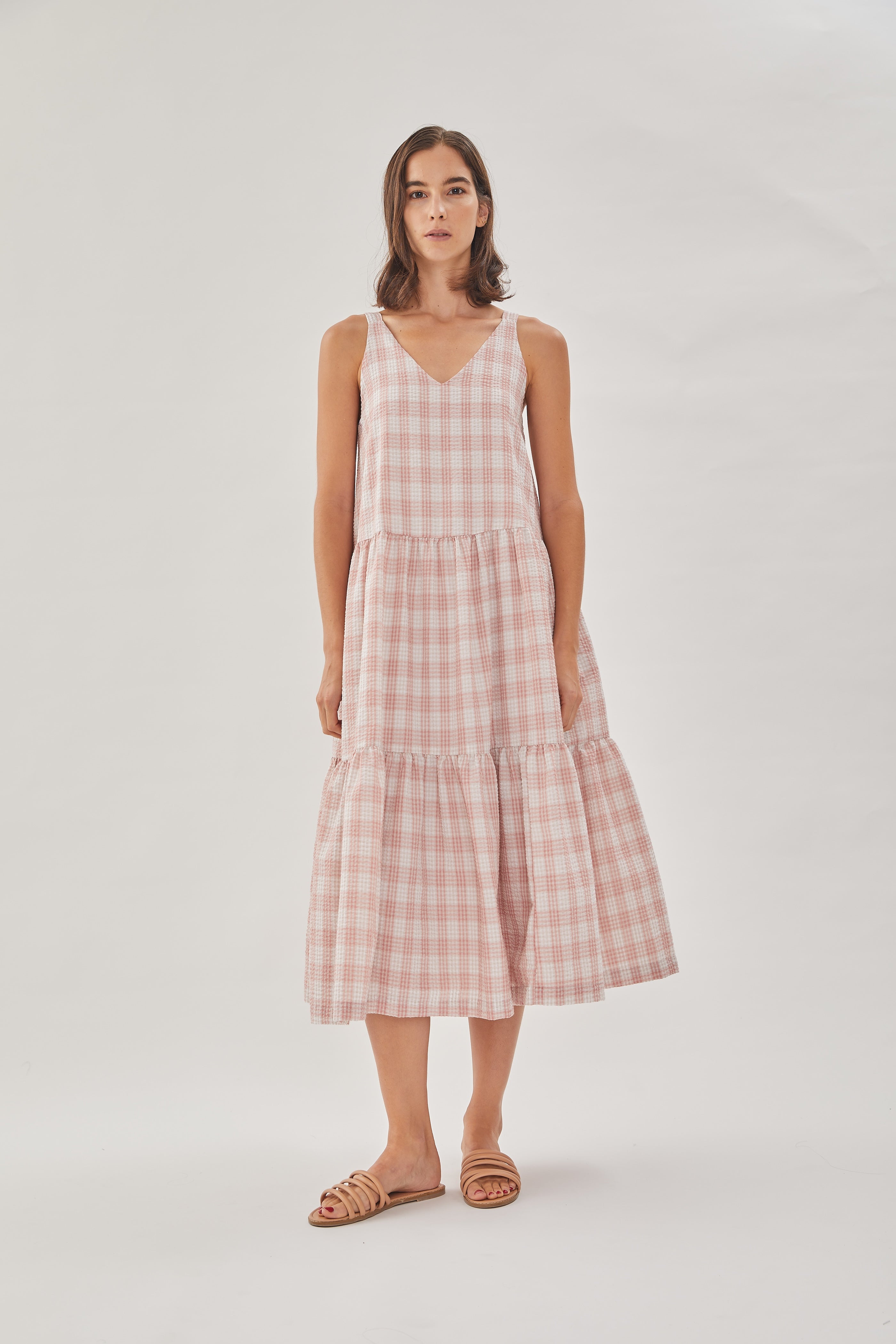 Sleeveless Seersucker Tiered Dress in Shell Pink