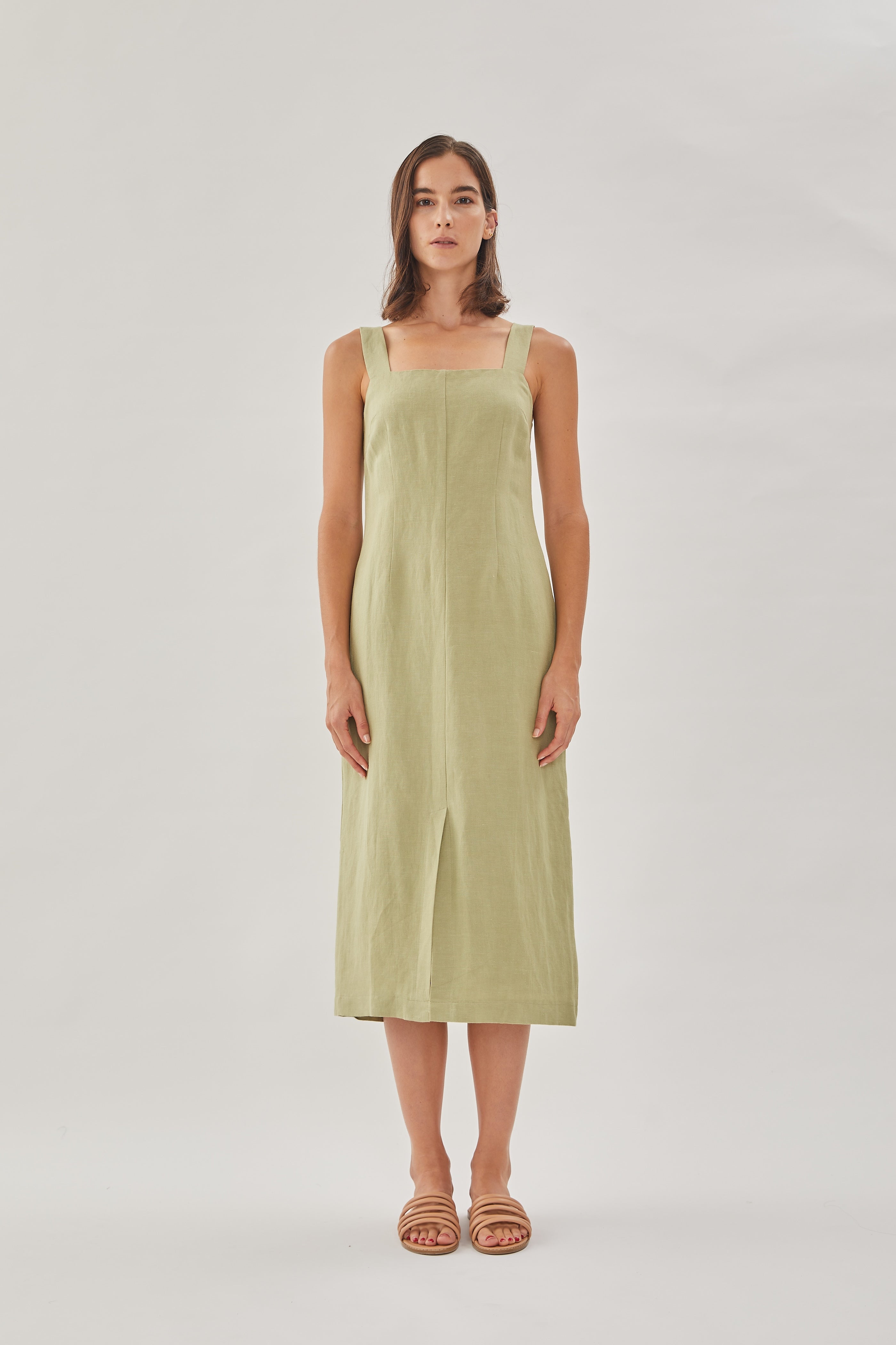 Square Neck Sleeveless Midi Dress in Moss