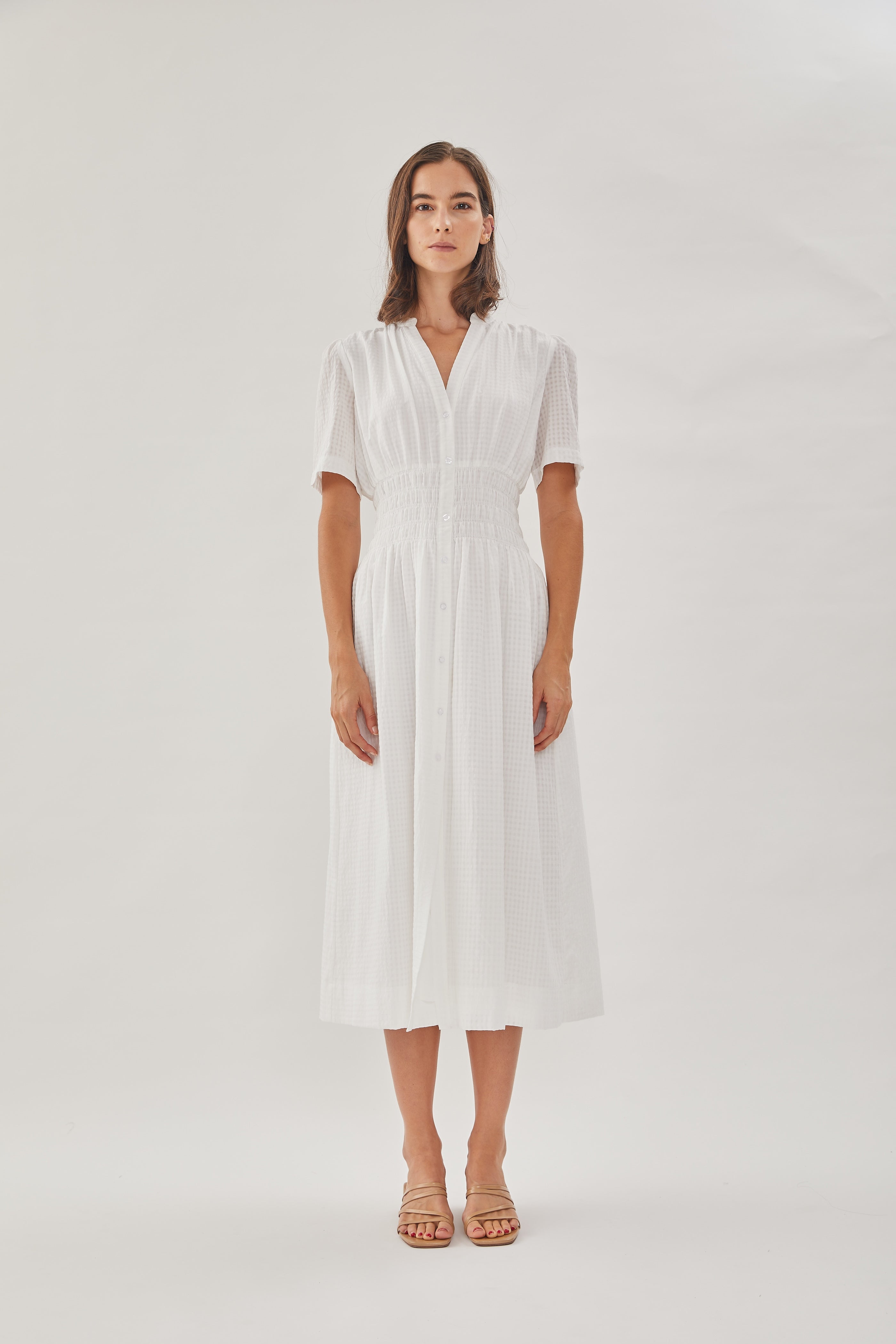Shirred Shirt Dress in White