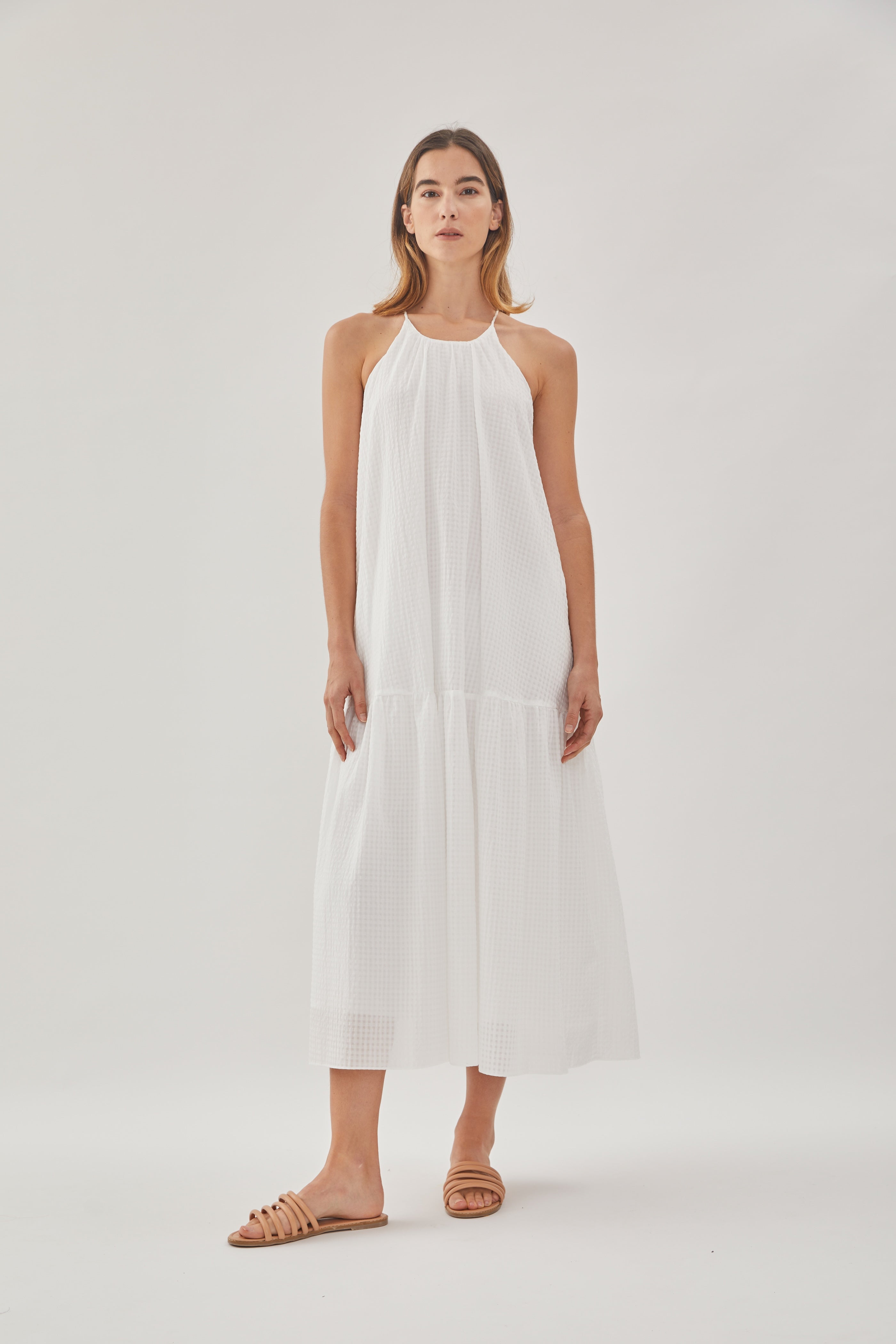 Gathered Halter Tiered Dress in Gingham White