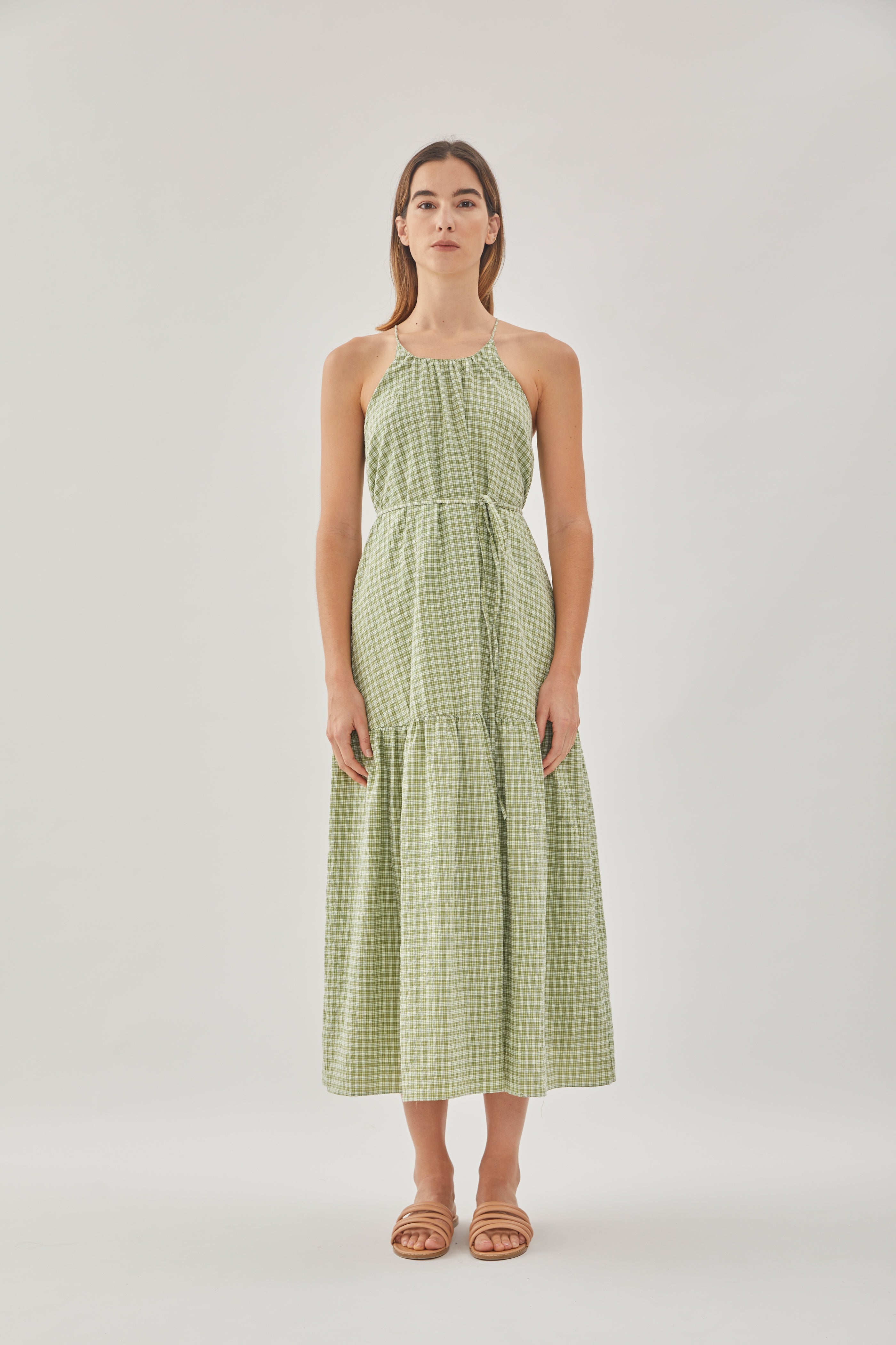 Gathered Halter Tiered Dress in Gingham Fern