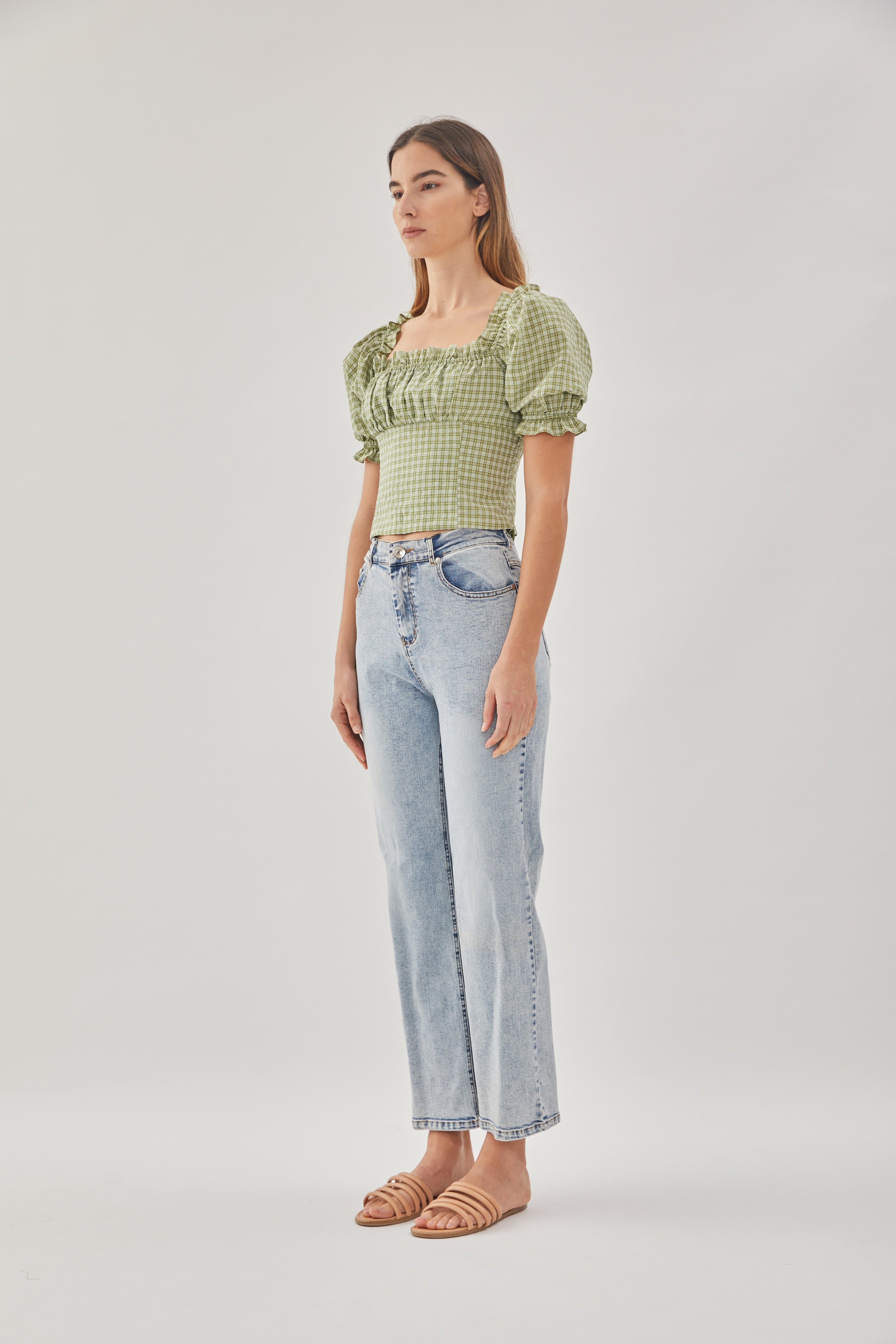 Frill-Trimmed Top in Gingham Fern