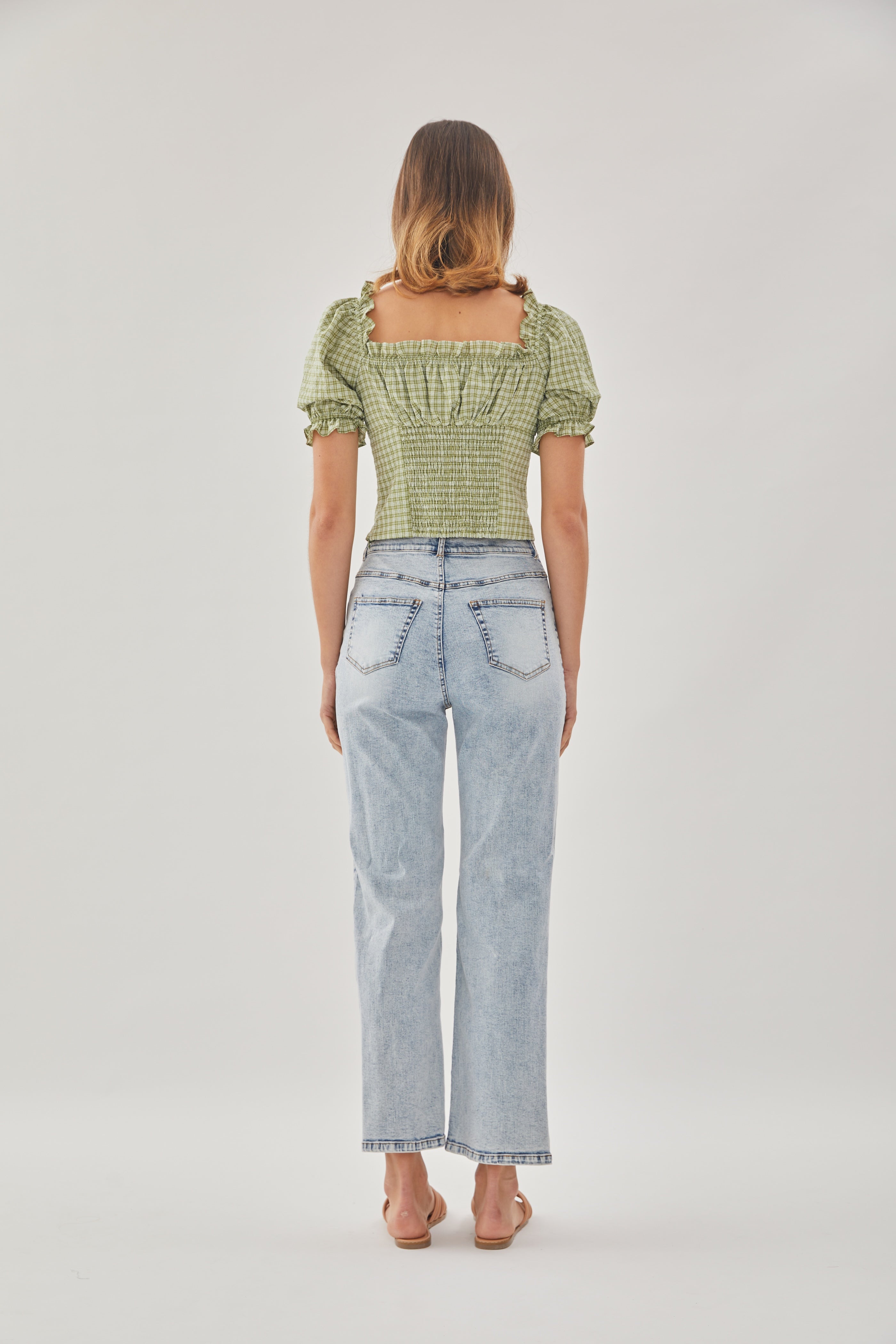 Frill-Trimmed Top in Gingham Fern