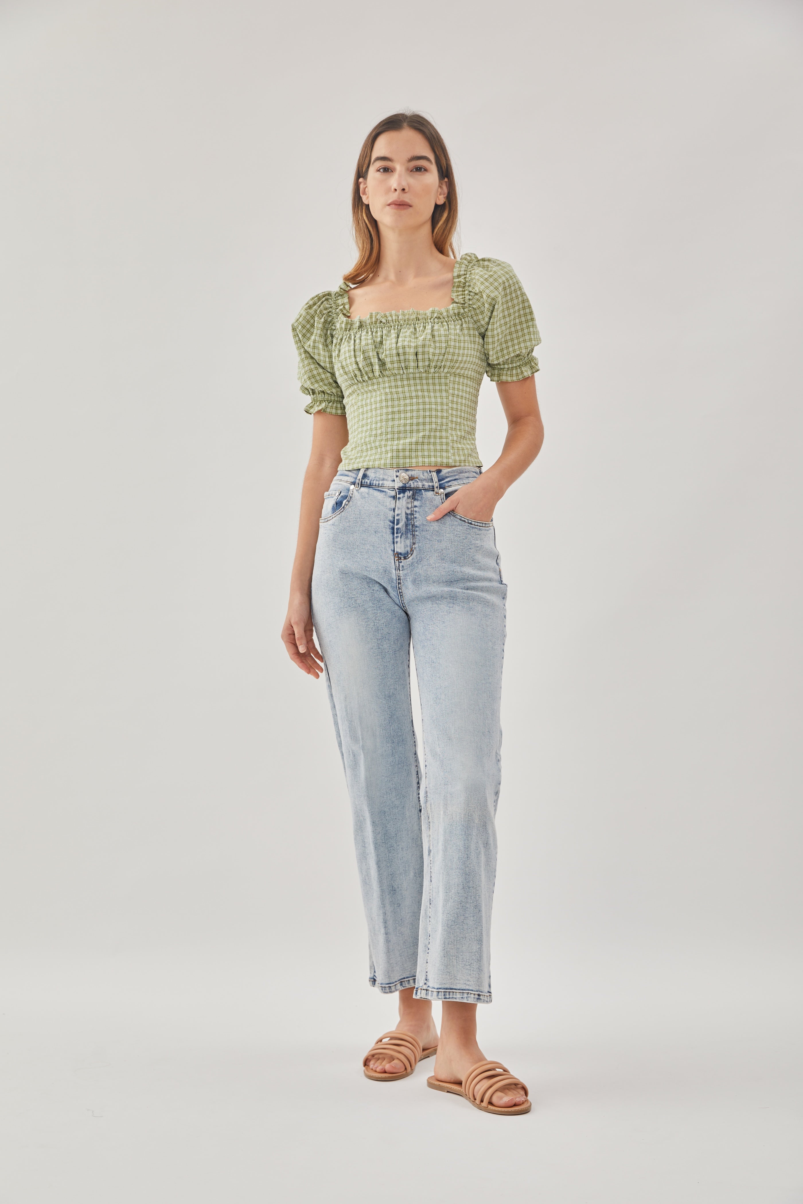 Frill-Trimmed Top in Gingham Fern