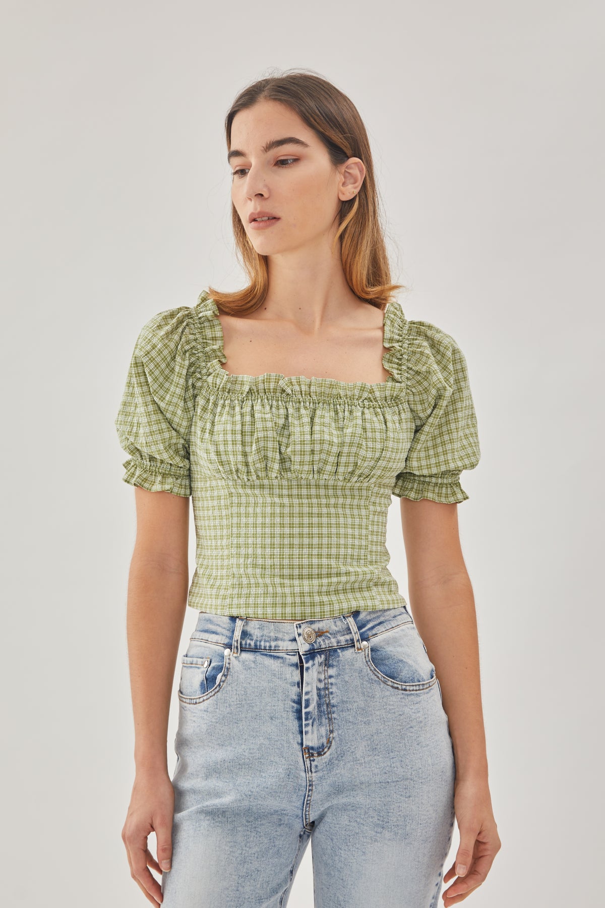 Frill-Trimmed Top in Gingham Fern