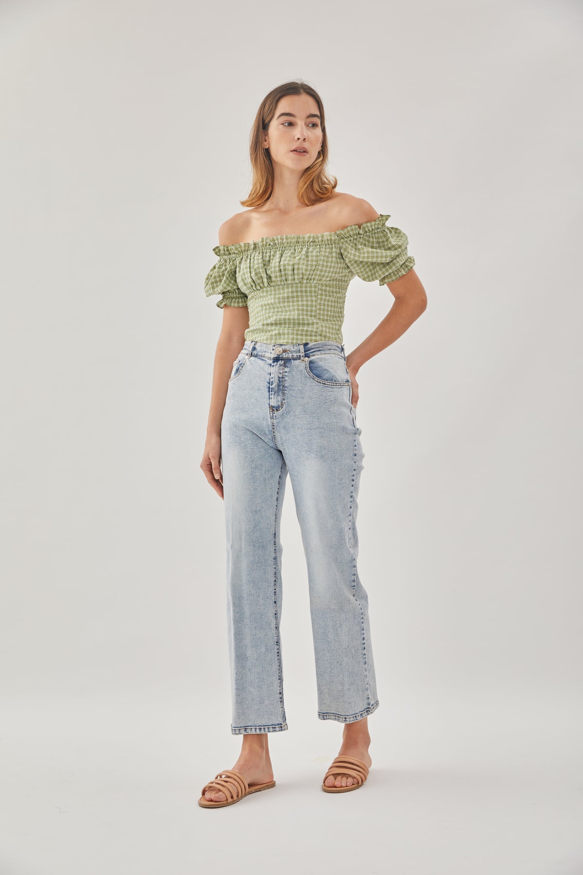 Frill-Trimmed Top in Gingham Fern